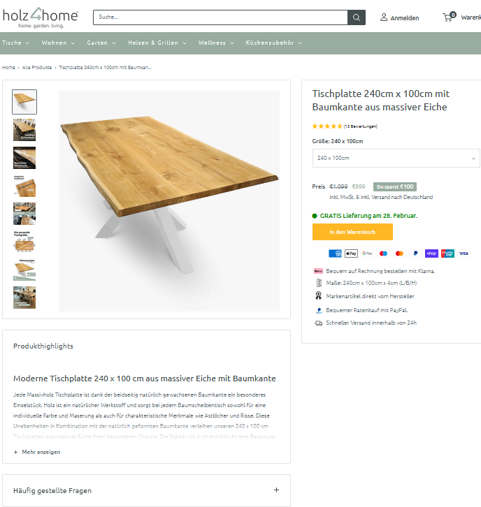 holz4home-productpagina van een eikenhouten tafelblad met boomstamrand op een tablet op kantoor
