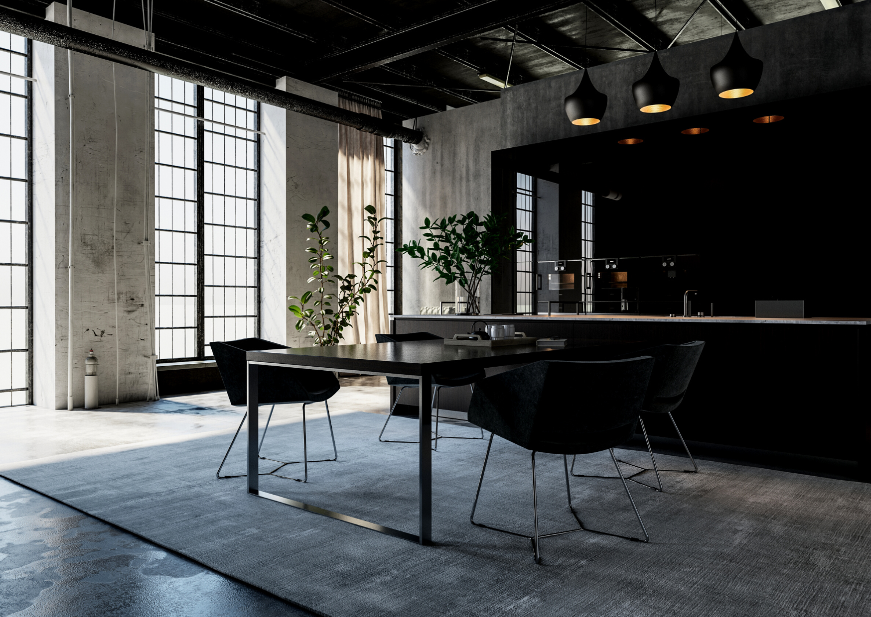 Donkere eetkamer in industriële stijl met zwarte tafel, stoelen en grote fabrieksramen