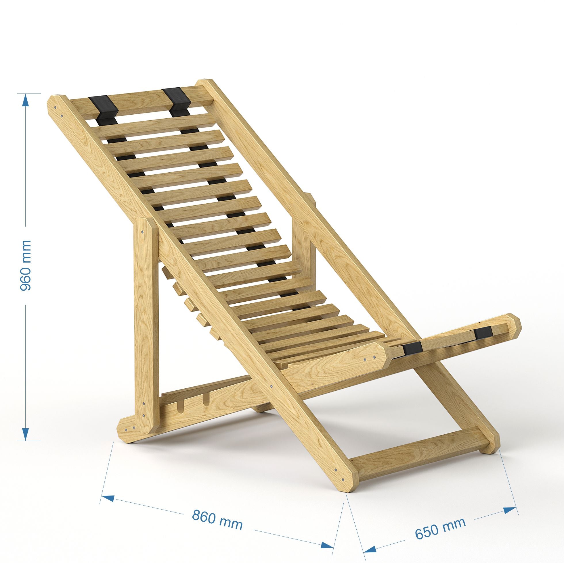 Maatschets van de eikenhouten ligstoel: hoogte 960 mm, lengte 860 mm, breedte 650 mm