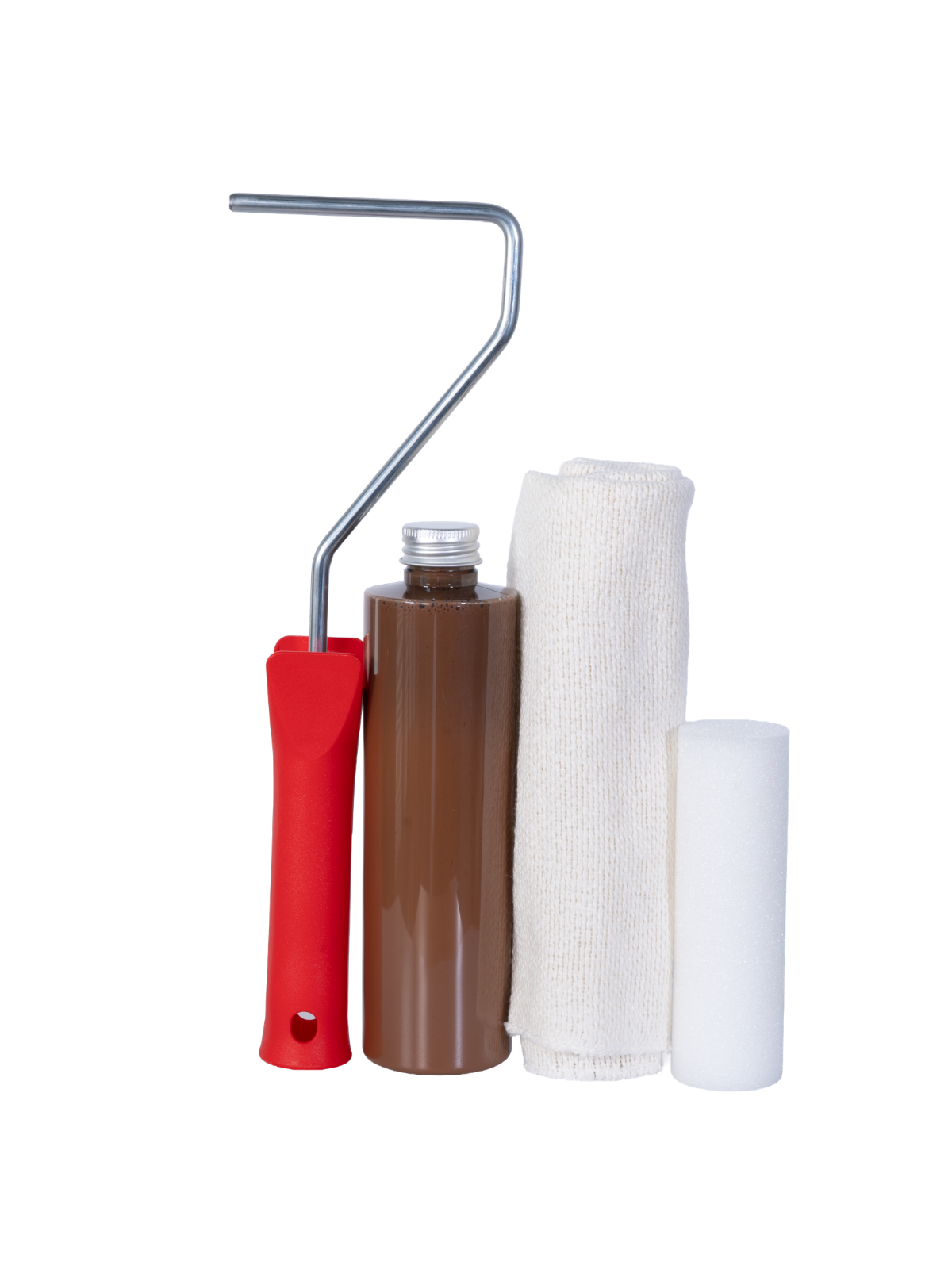 Houtverzorgingsset Outdoor in notenbruin met verfroller, oliefles, katoenen doek en schuimroller