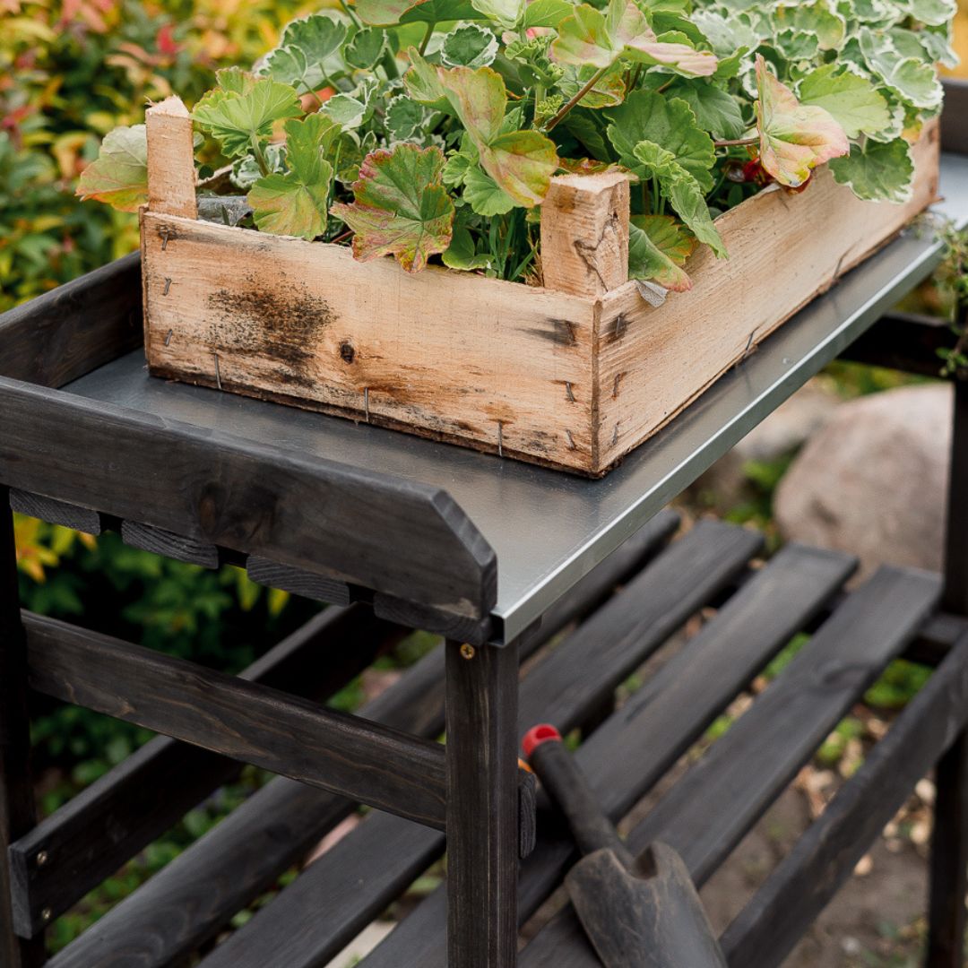 Close-up van het zinken werkblad van de zwarte houten plantentafel met rustieke houten kist