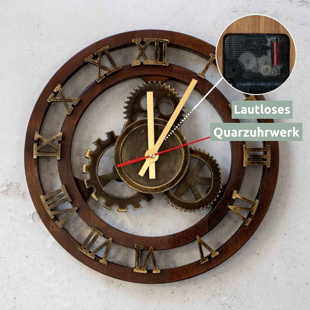 Wandklok Zahnrad met detailweergave van het geruisloze kwartsuurwerk aan de achterzijde
