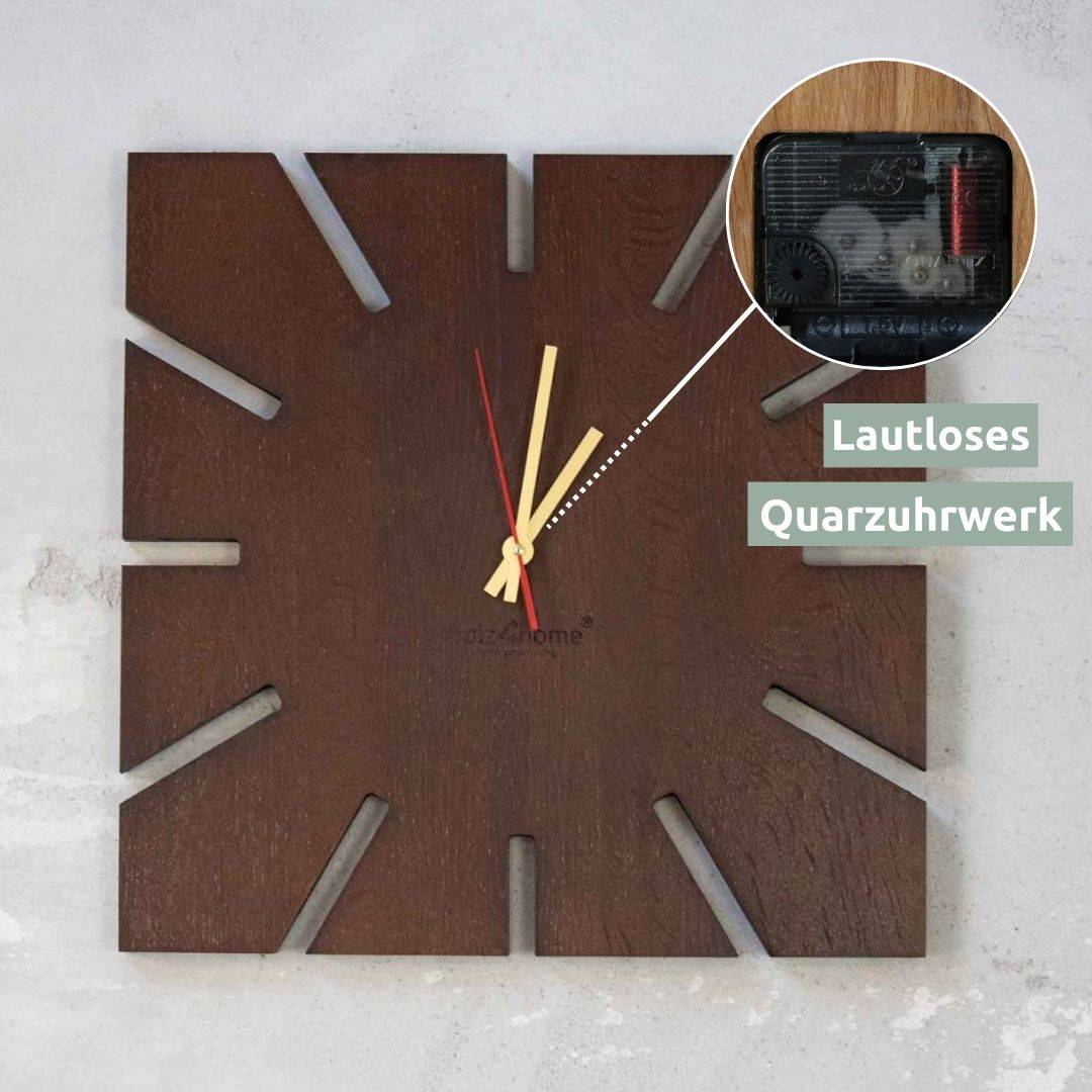 Wandklok Sunshine XL van donker eikenhout met detailweergave van het geruisloze kwartsuurwerk in de uitsnede