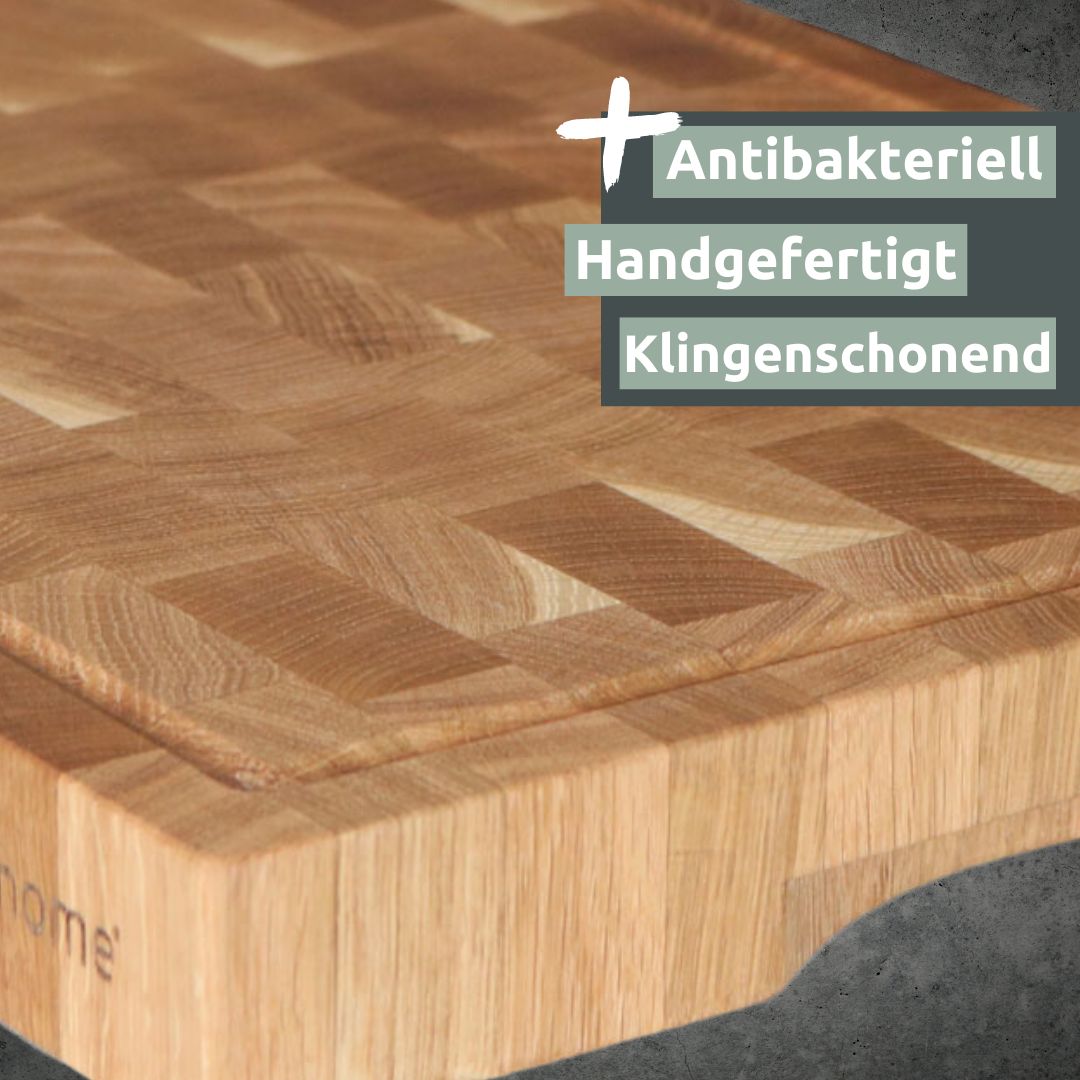 Close-up van het kopshoutpatroon aan de hoek van de eikenhouten snijplank, antibacterieel en mesvriendelijk