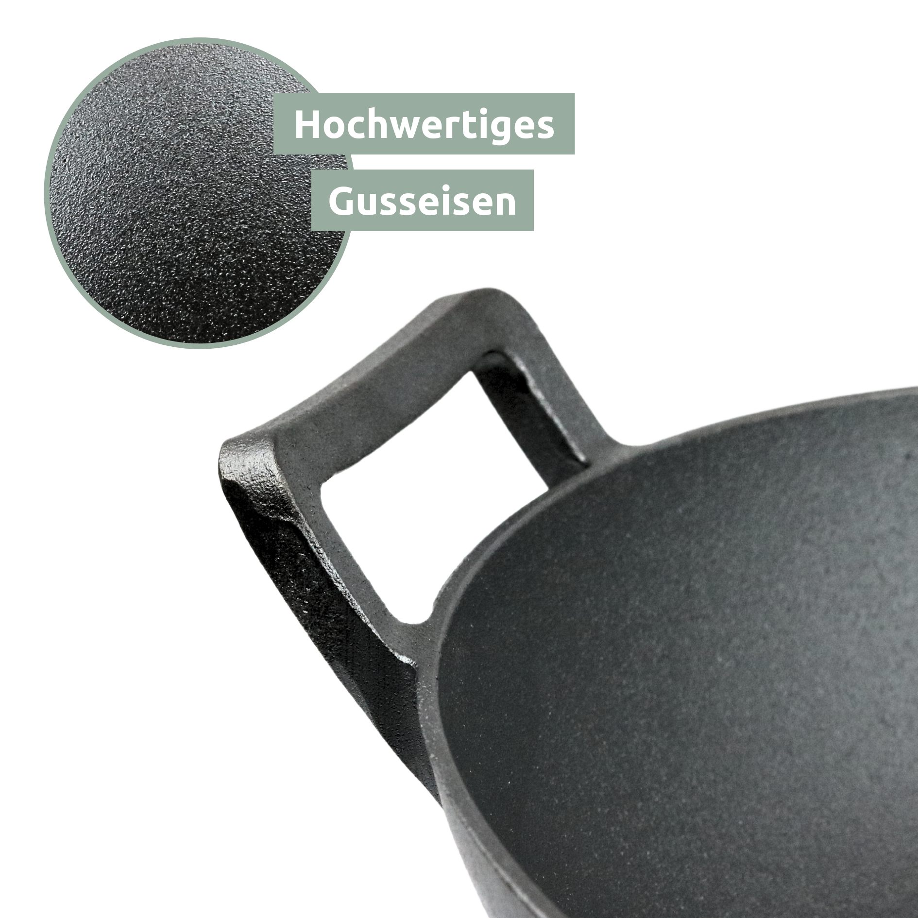 Close-up van het ruwe gietijzeren oppervlak en het massieve handvat van de wok