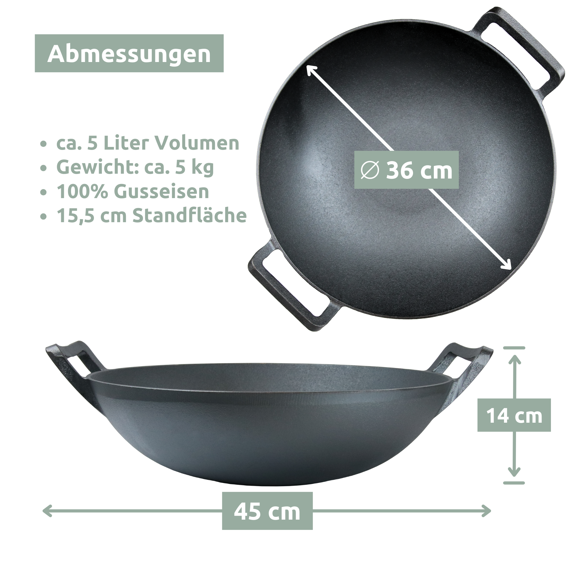 Maattekening gietijzeren wok: Ø 36 cm, 45 cm breed, 14 cm hoog, ca. 5 liter en 5 kg