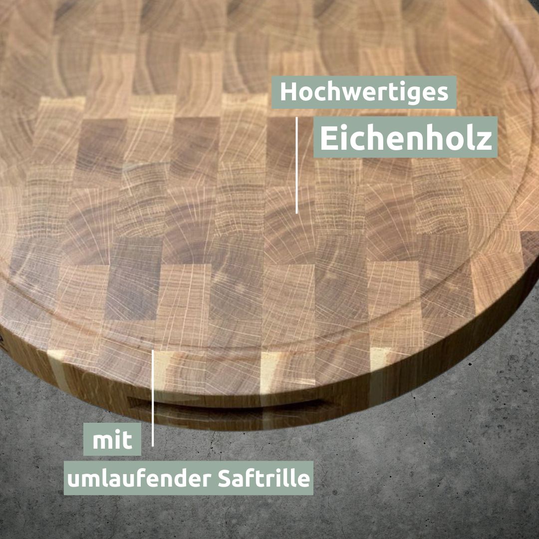 Kopshoutstructuur van het eikenhouten hakblok met omlopende sapgroef, close-up