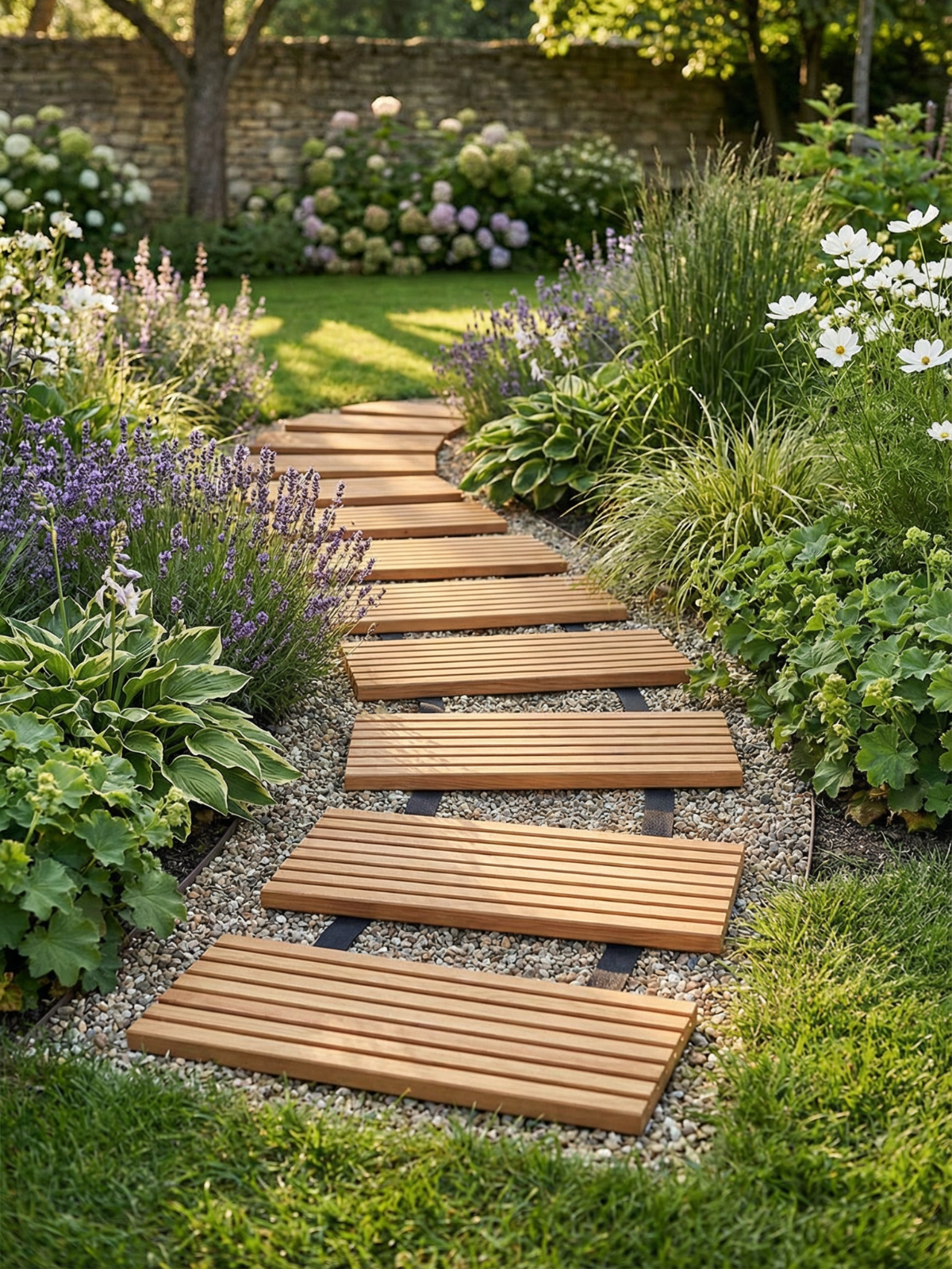 Rolpad van lariks als tuinpad tussen lavendel en border op grind