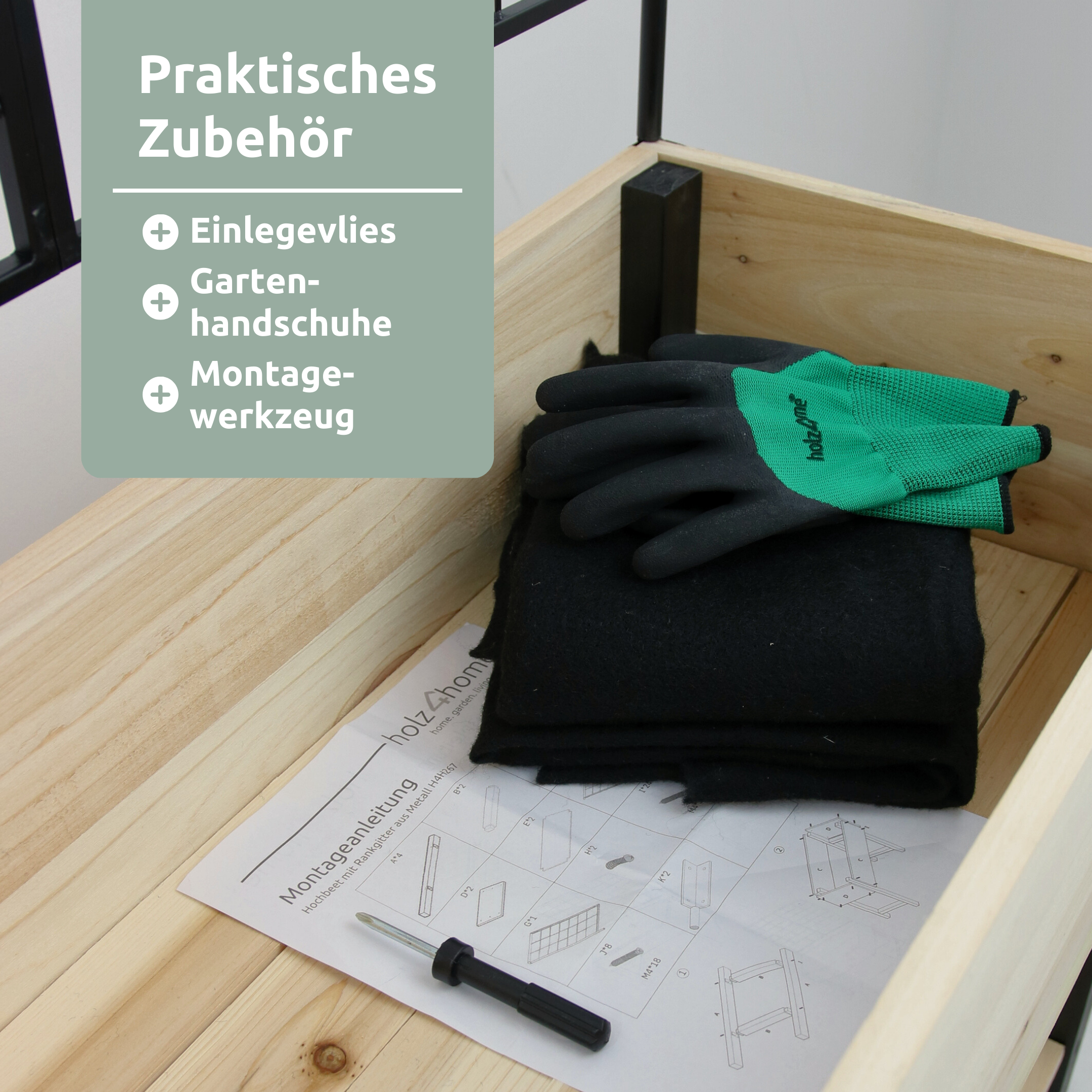 Meegeleverde accessoires: inlegvlies, tuinhandschoenen en montagegereedschap in de moestuinbak