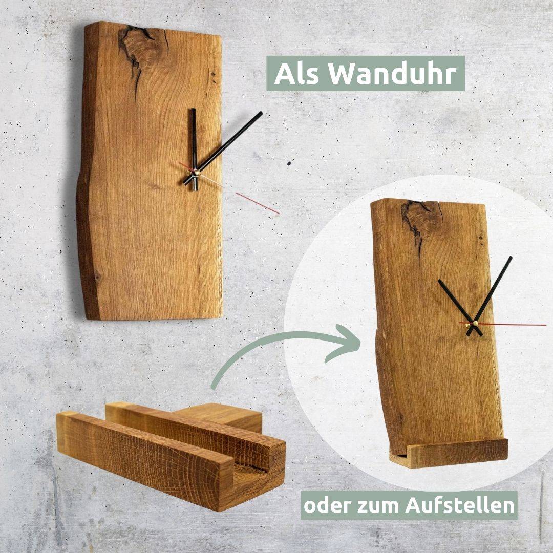 Wandklok van eikenhout getoond hangend aan de wand of, naar keuze, staand opgesteld met houten voet
