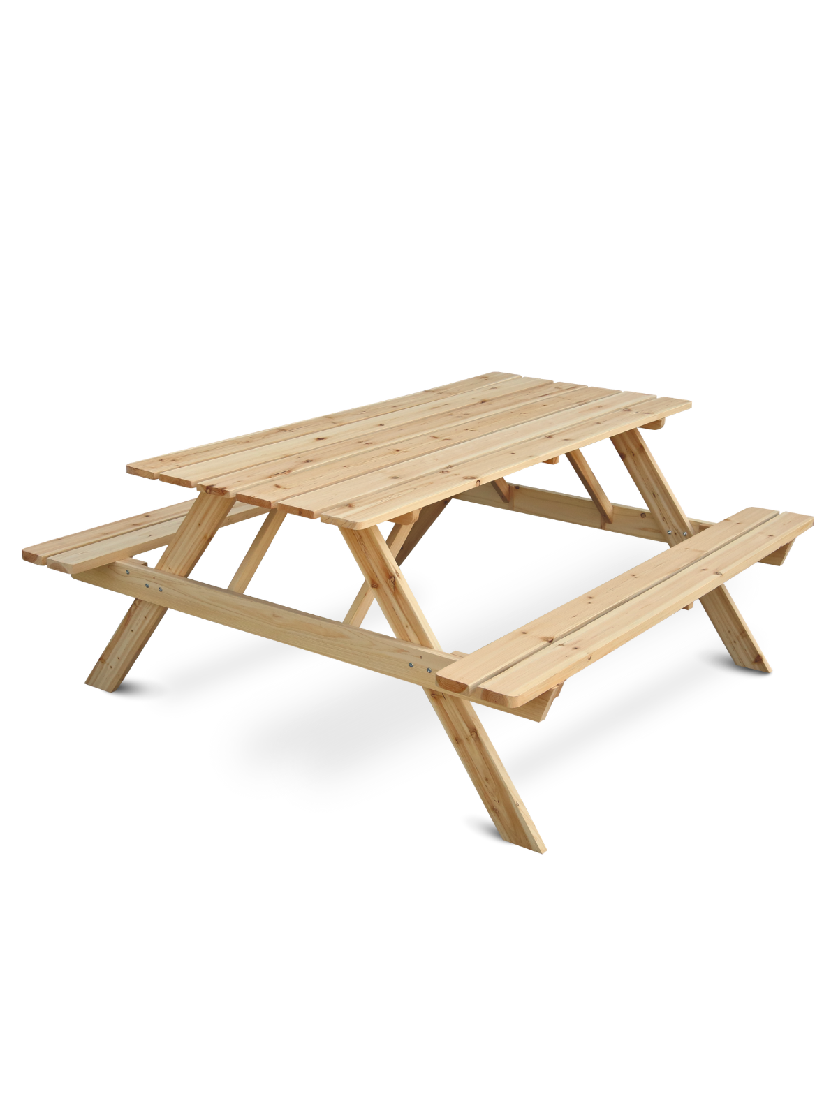 Outdoor picknicktafel van vurenhout, schuin aanzicht met tafel en twee vast verbonden zitbanken