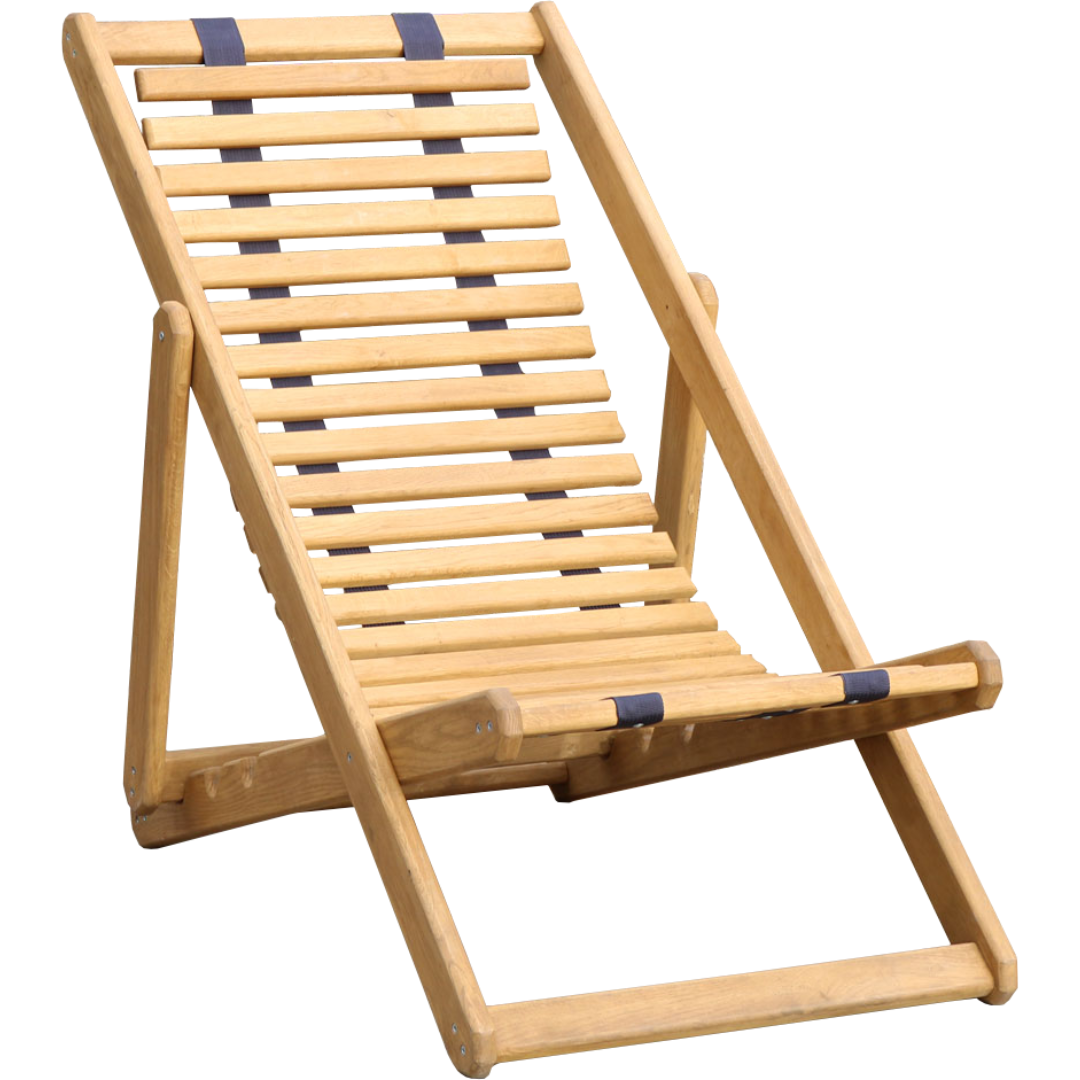 Tuinlounge ligstoel van eiken met houten latten en blauwe banden, inklapbare zonneligstoel vrijstaand