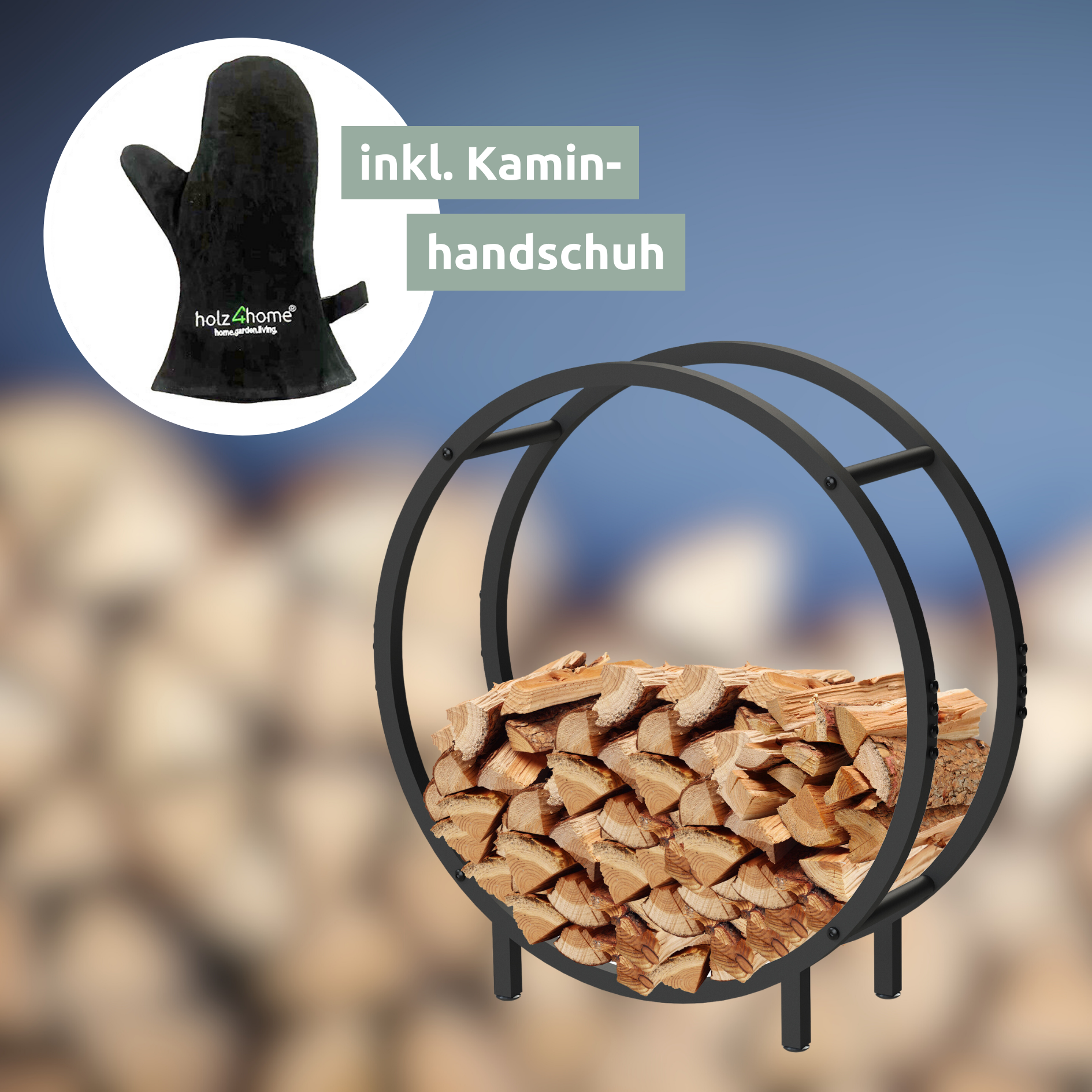 Halfrond haardhoutrek van zwart metaal met brandhout, inclusief haardhandschoen van holz4home