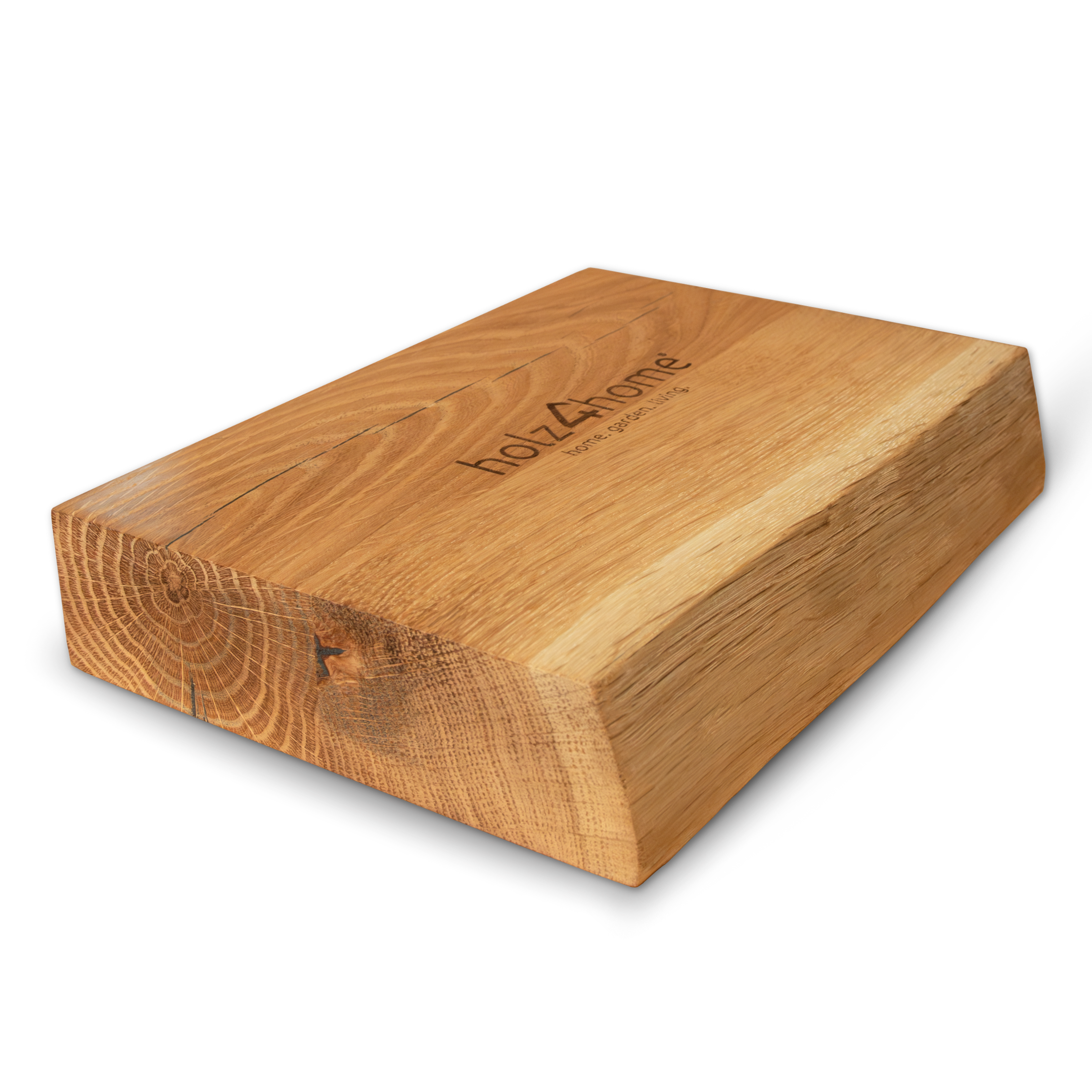 Monsterstuk van 4 cm massief eiken met boomstamrand en ingebrand holz4home-logo, vrijstaand getoond