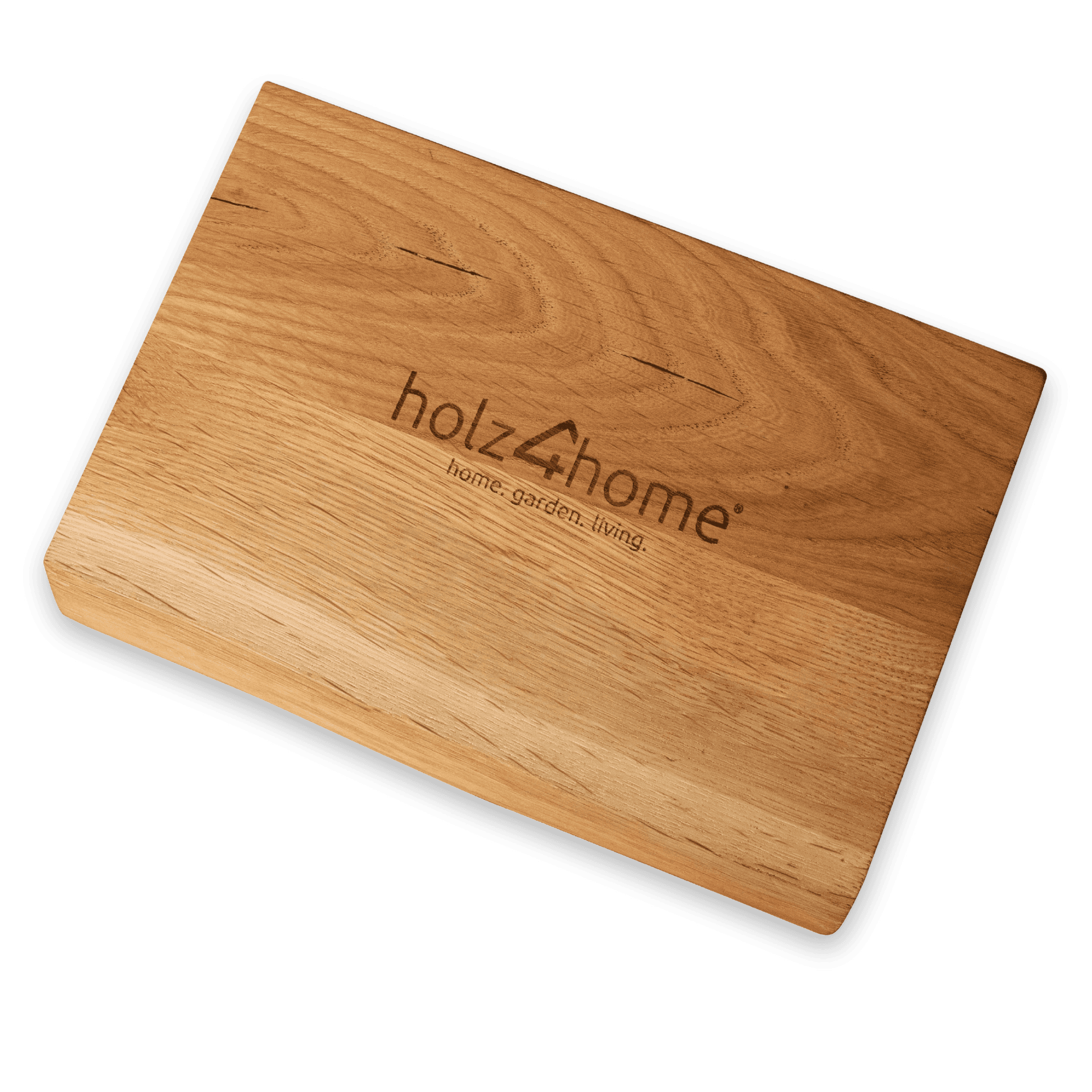 Monsterstuk van een tafelblad van massief eiken met ingebrand holz4home-logo, bovenaanzicht