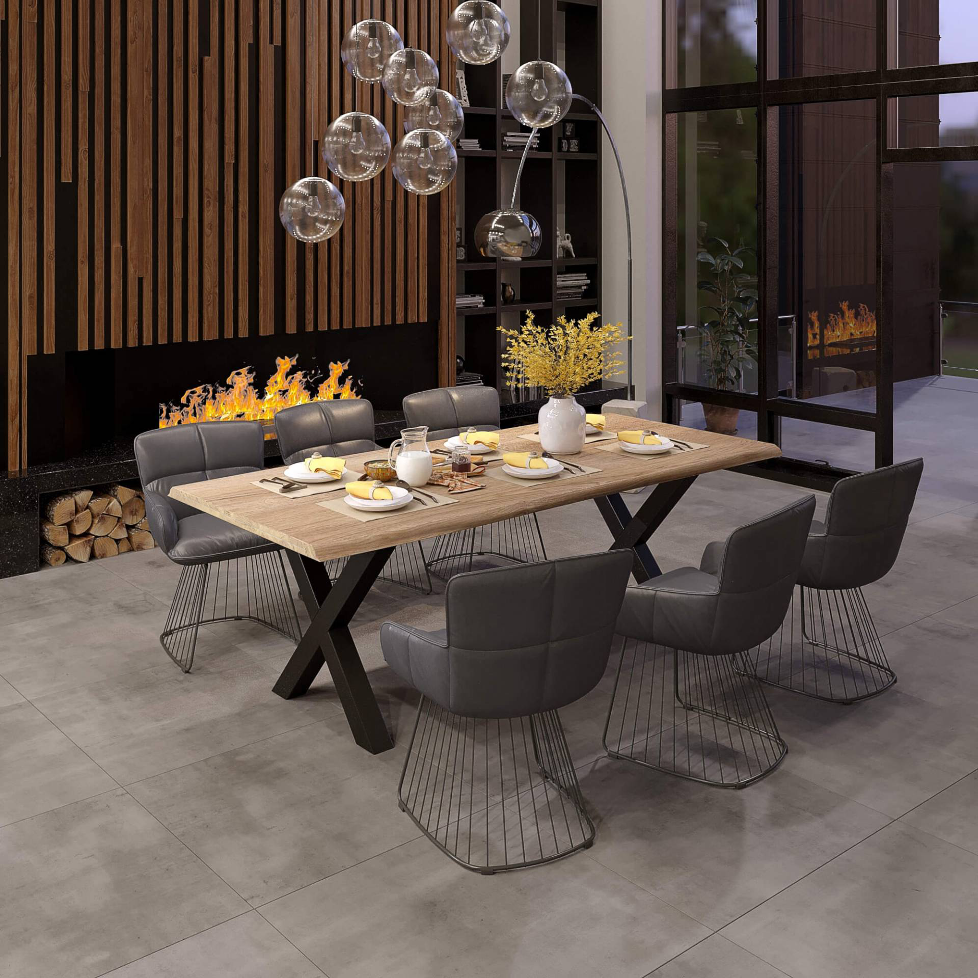 Eikenhouten tafelblad met boomstamrand in moderne eetkamer met X-onderstel en haard