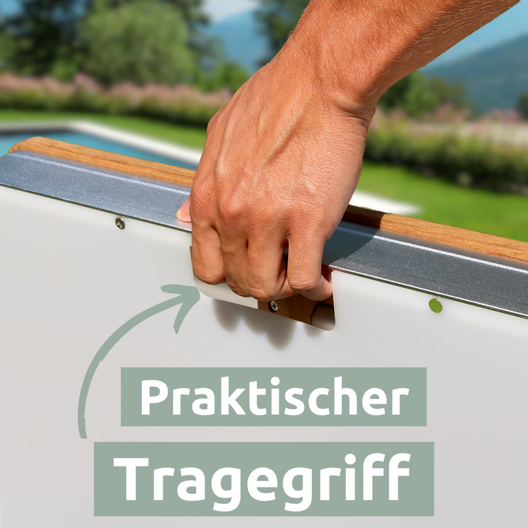 Hoekige vloerdouche wordt aan de draaggreep gedragen, onderzijde met witte behuizing en houten randen