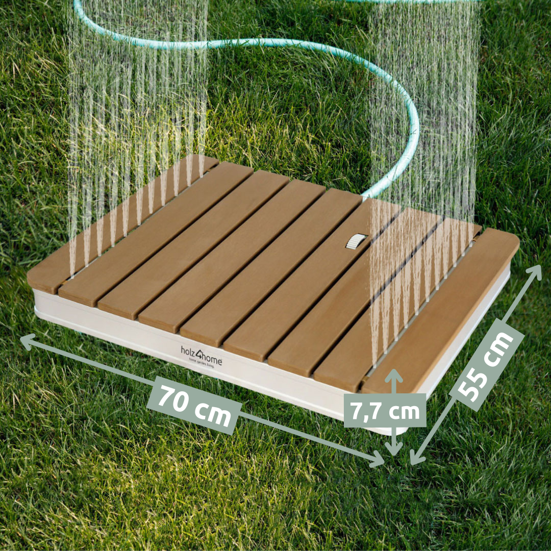 Maatbeeld van de hoekige WPC-vloerdouche: 70 cm lang, 55 cm breed, 7,7 cm hoog, met tuinslang