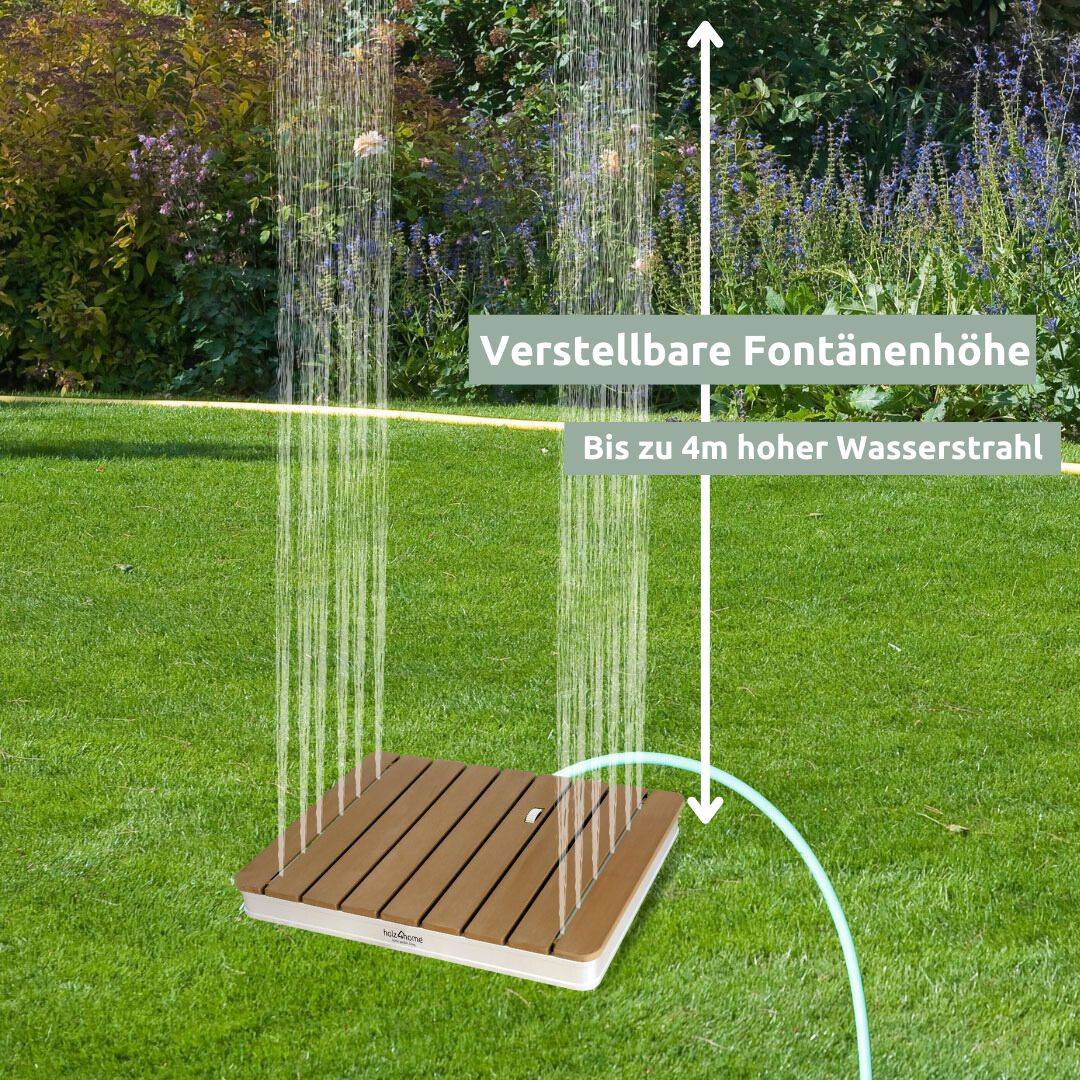 Hoekige WPC-vloerdouche op het gazon voor een bloemenperk, waterstraal tot 4 m hoogte verstelbaar
