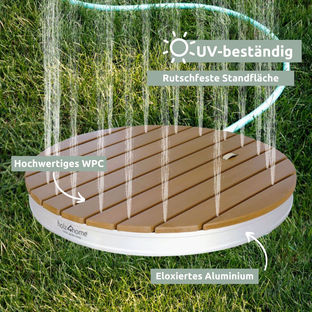 Ronde tuindouche met uv-bestendig WPC en geanodiseerde aluminium sokkel, fonteinen op het gazon