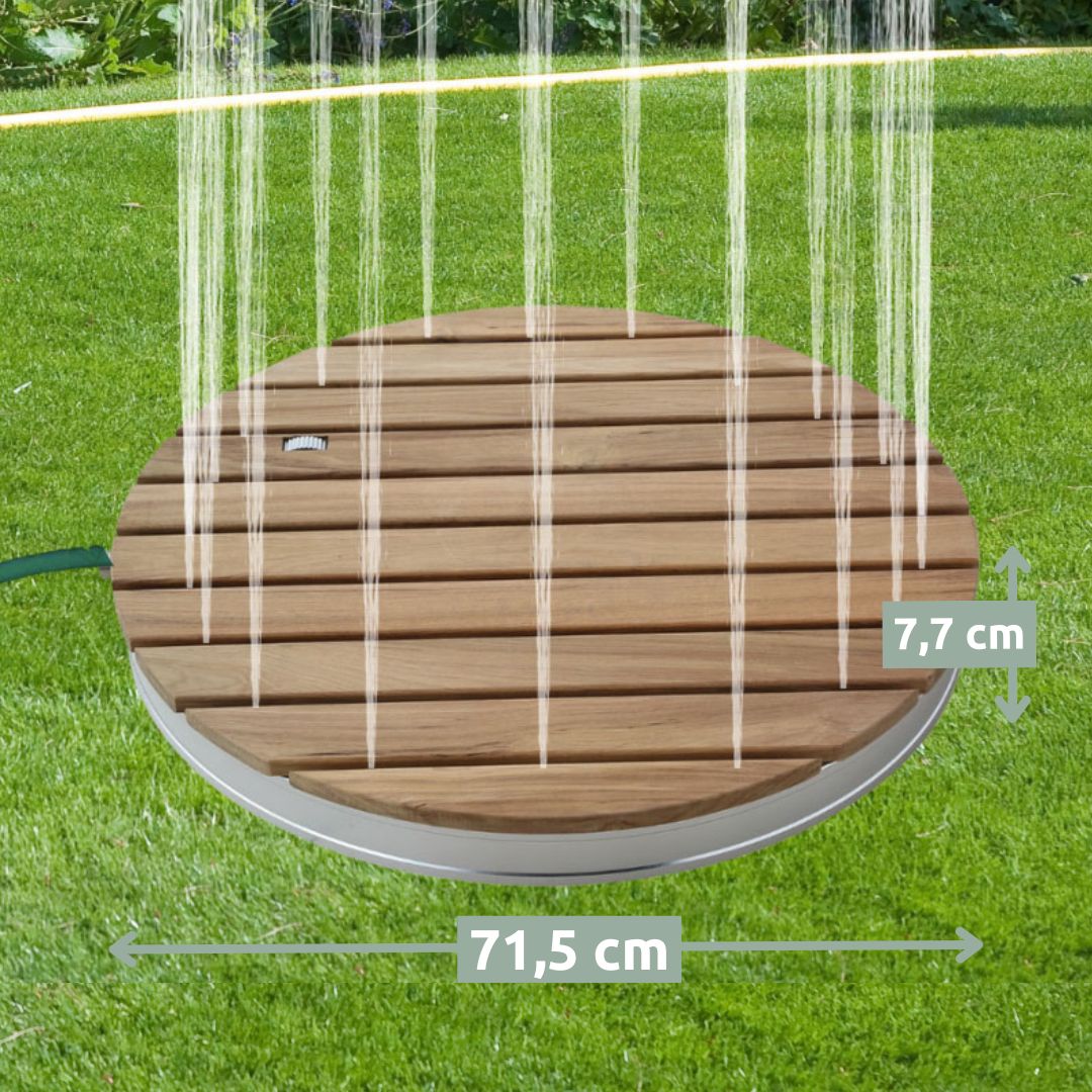 Maatbeeld van de ronde teakhouten vloerdouche: 71,5 cm diameter, 7,7 cm hoogte, fonteinen in de tuin