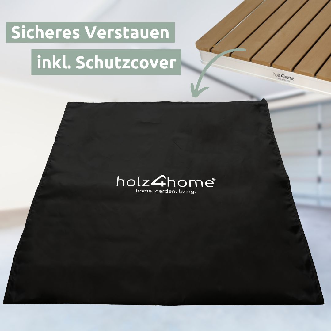 Zwarte beschermhoes met holz4home-logo voor veilig opbergen van de hoekige WPC-vloerdouche