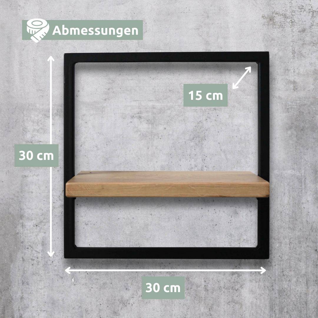 Maattekening wandrek Small zwart omlijst: 30 cm breed, 30 cm hoog, 15 cm diep, lichte plank van eikenhout