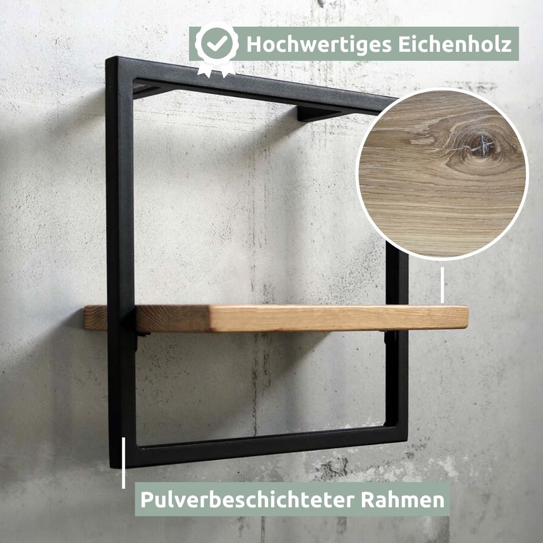Wandrek zwart omlijst met detailweergave van de eikenhoutnerf en het poedergecoate metalen frame