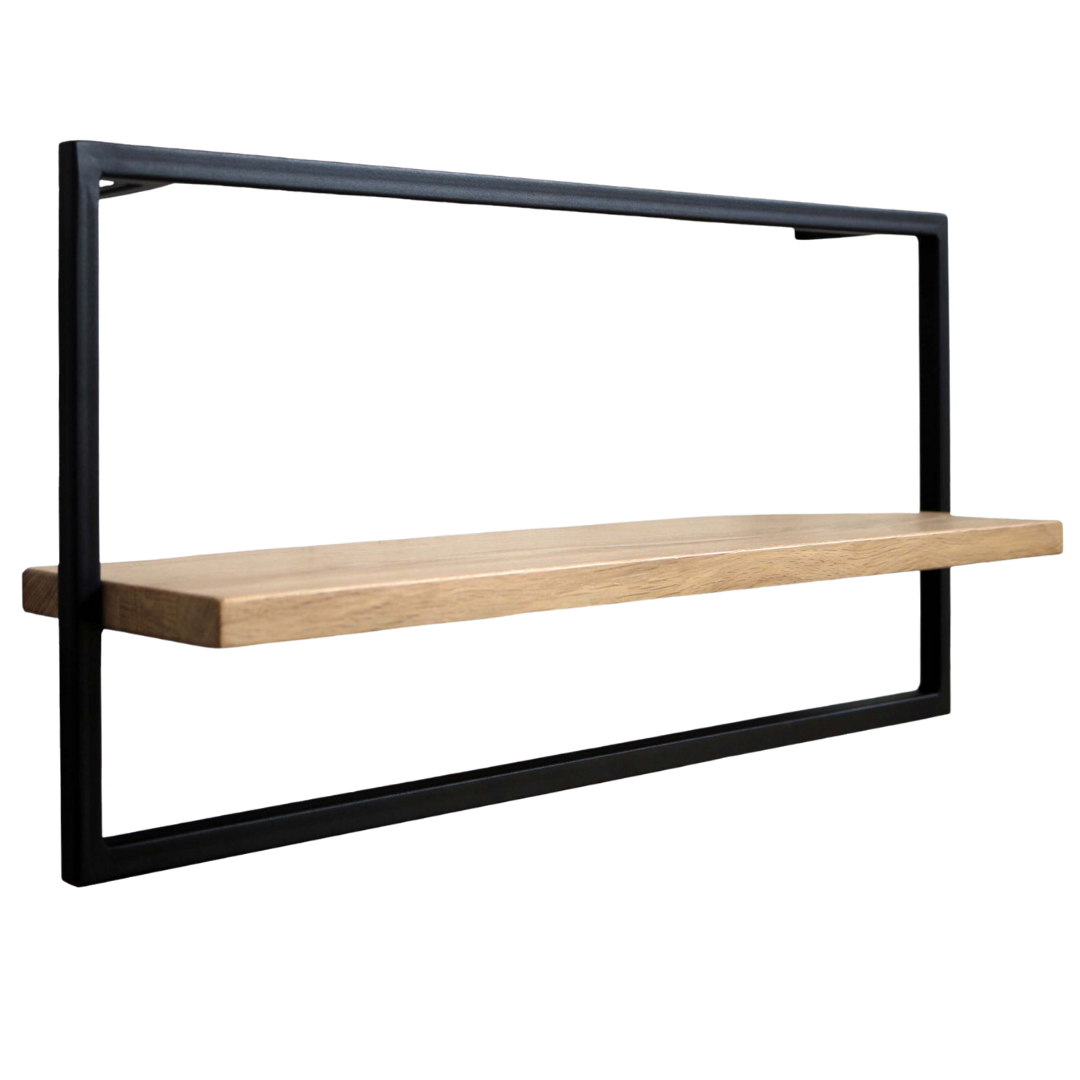 Wandrek long in eiken lichtgrijs zonder boomstamrand met zwart metalen frame, vooraanzicht