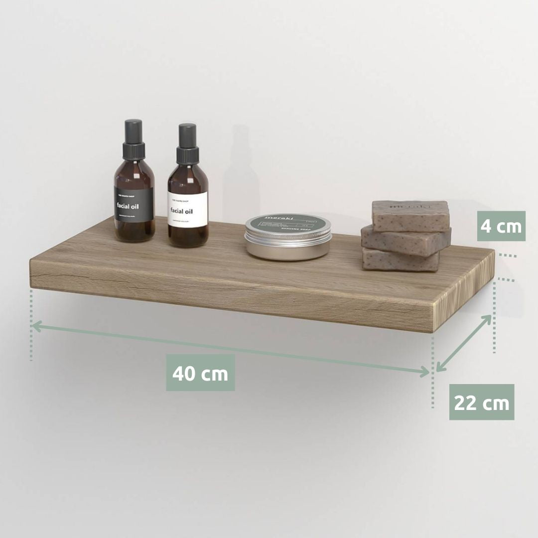 Maatgrafiek wandrek eiken 40 x 22 x 4 cm in badkamerlook met olieflesjes en zeep