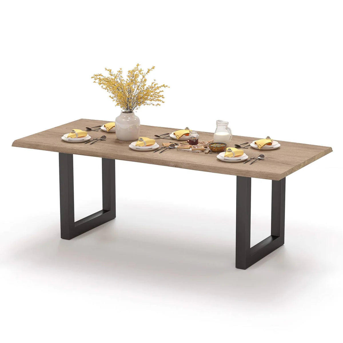 Gedekte eikenhouten tafel met boomstamrand op zwart slede-onderstel met vaas en servies