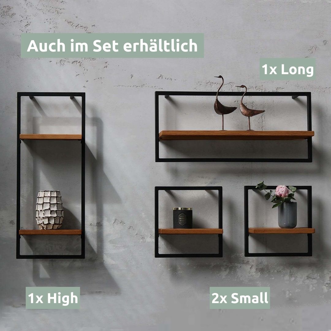 Wandrekkenset in industriële stijl: één hoog, één lang en twee kleine rekken met klok en decoratie aan betonnen muur