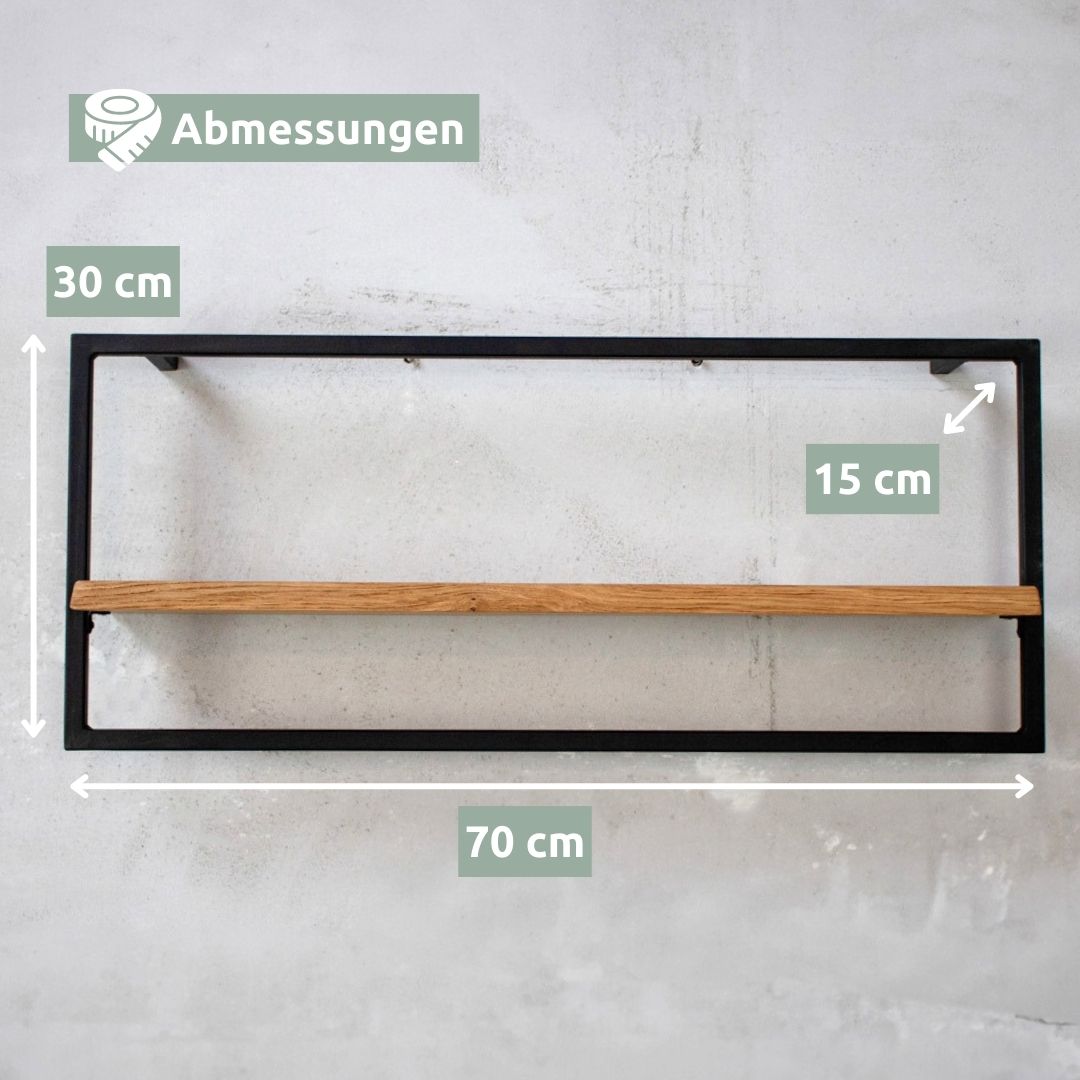 Maattekening wandrek long naturel zonder boomstamrand: 70 cm breed, 30 cm hoog, 15 cm diep