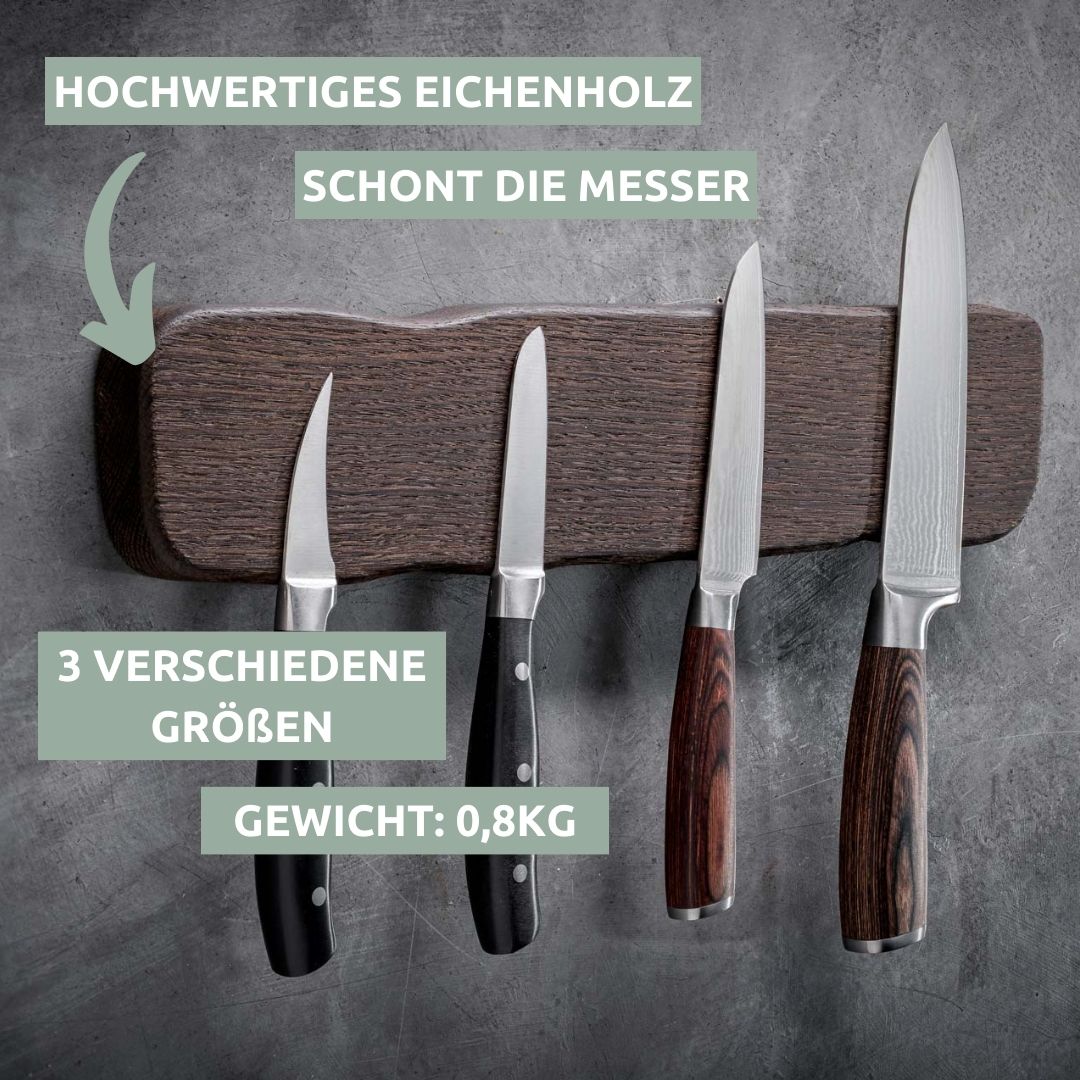 Messenstrip La Madera van donker eikenhout houdt vier messen van verschillende groottes vast