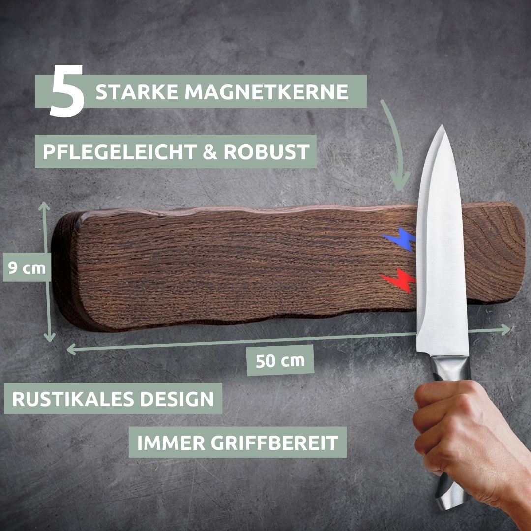 Maattekening messenstrip La Madera donker eiken, 50 cm lang, 9 cm hoog, vijf magneten