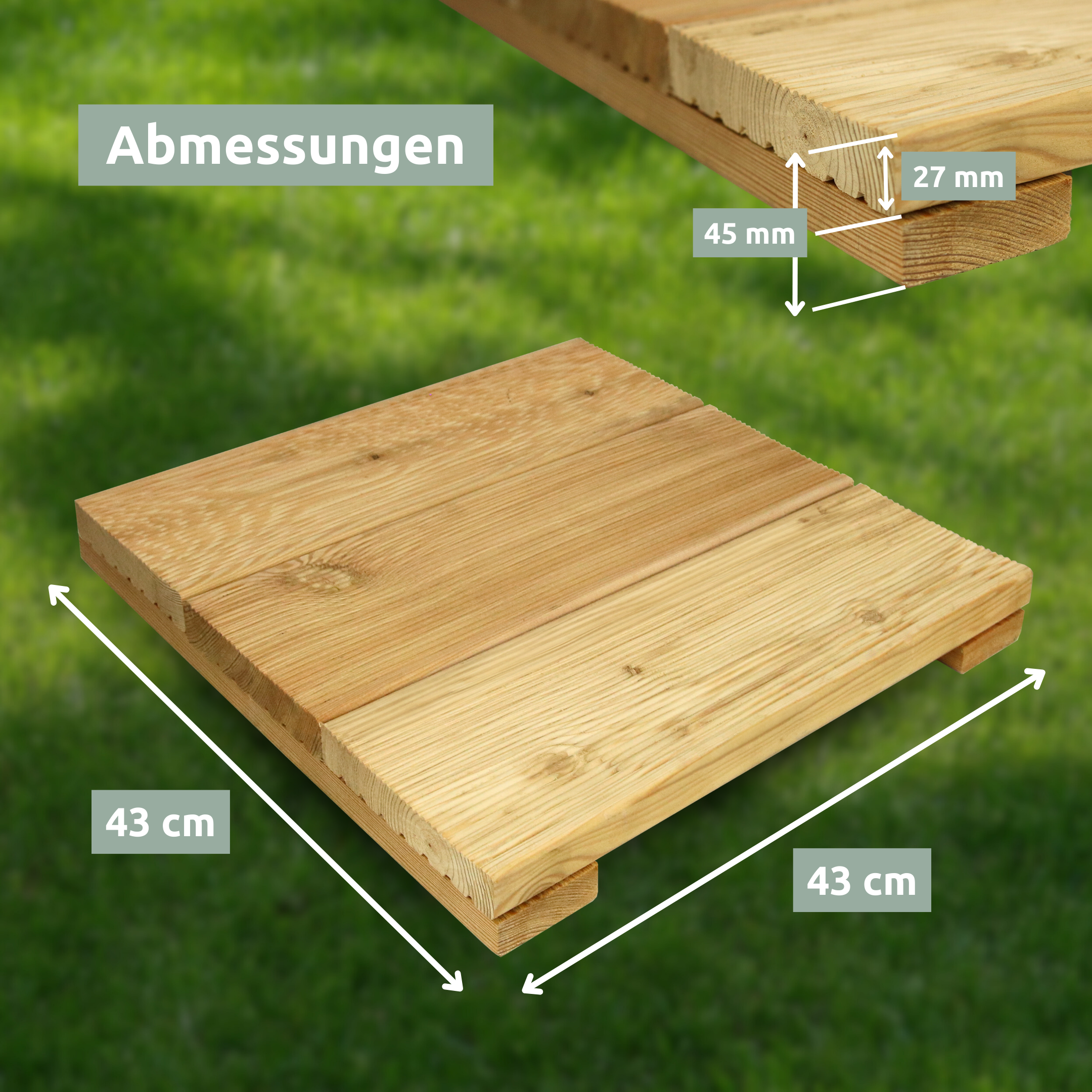 Maattekening houten tegel lariks, 43 x 43 cm, profielhoogte 45 en 27 mm
