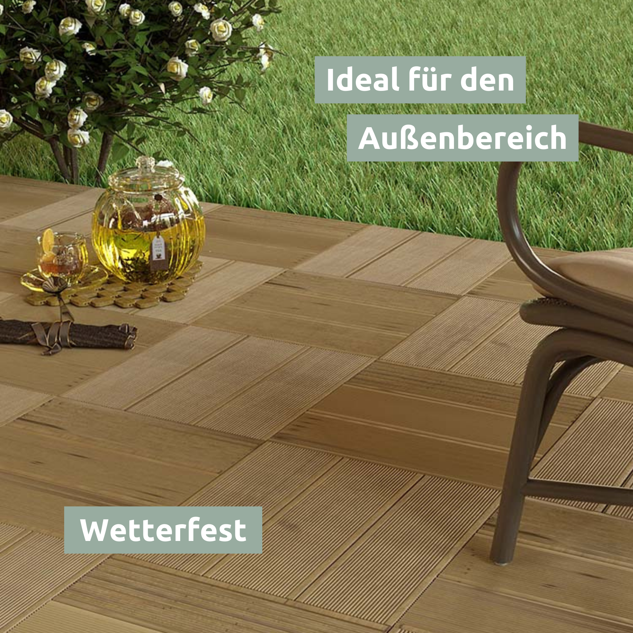 Houten tegels van lariks als terrasbevloering met tuinmeubelen, weerbestendig voor buiten