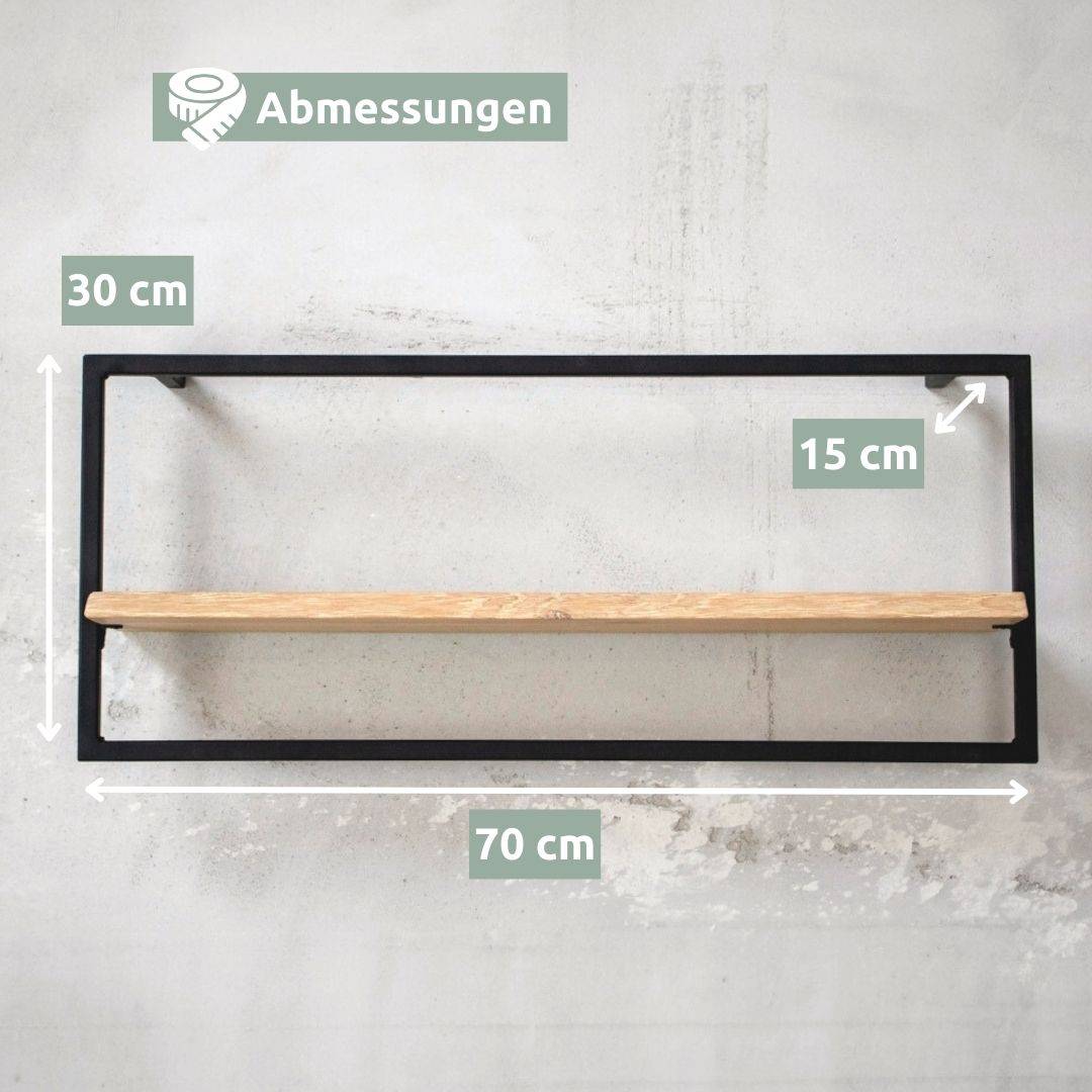 Maatgrafiek wandrek long lichtgrijs met boomstamrand: 70 x 30 x 15 cm in het zwarte frame