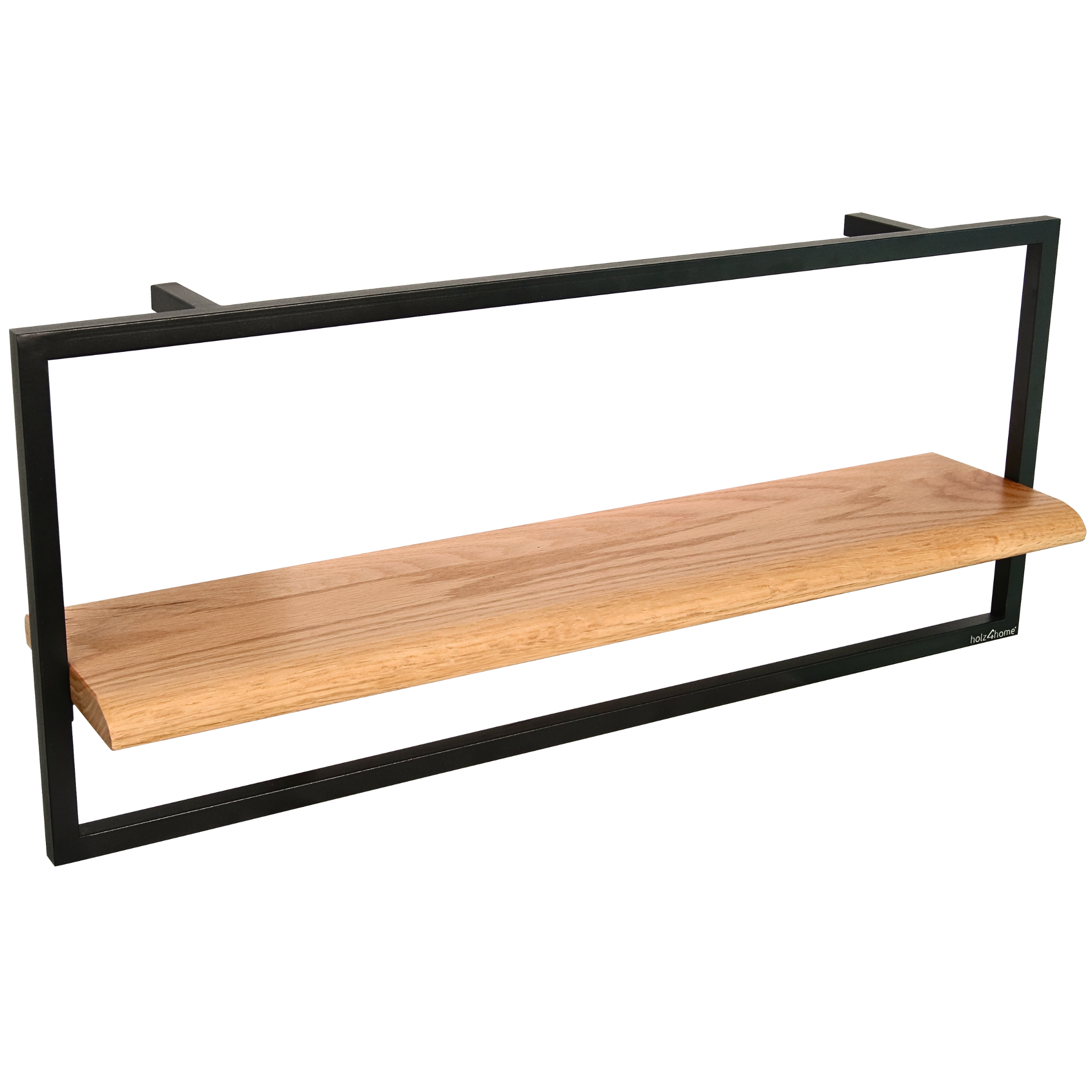Wandrek Long met eikenhouten bodem naturel met boomstamrand in zwart metalen frame, vooraanzicht
