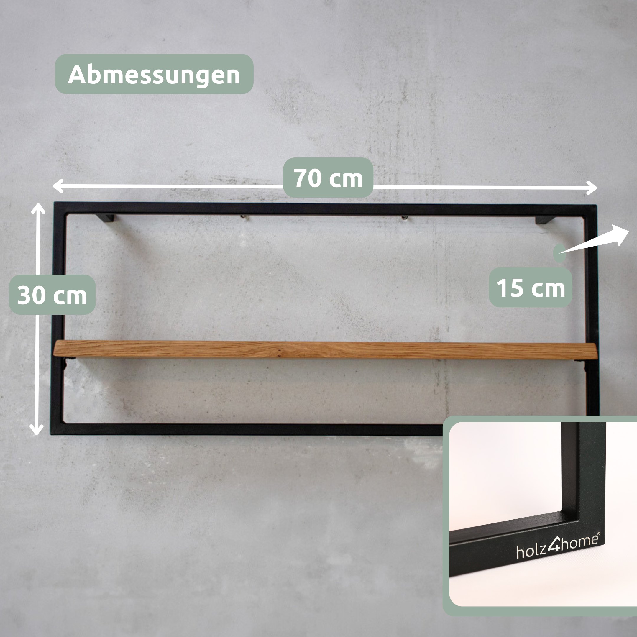 Maattekening wandrek Long naturel met boomstamrand: 70 x 30 x 15 cm, met holz4home-logodetail