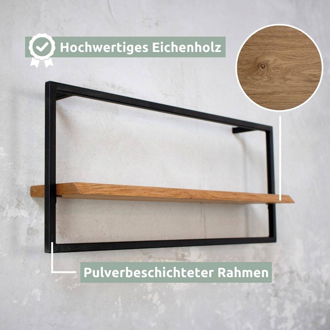 Materiaaldetail van het wandrek long naturel met boomstamrand: massief eikenhout, poedergecoat frame