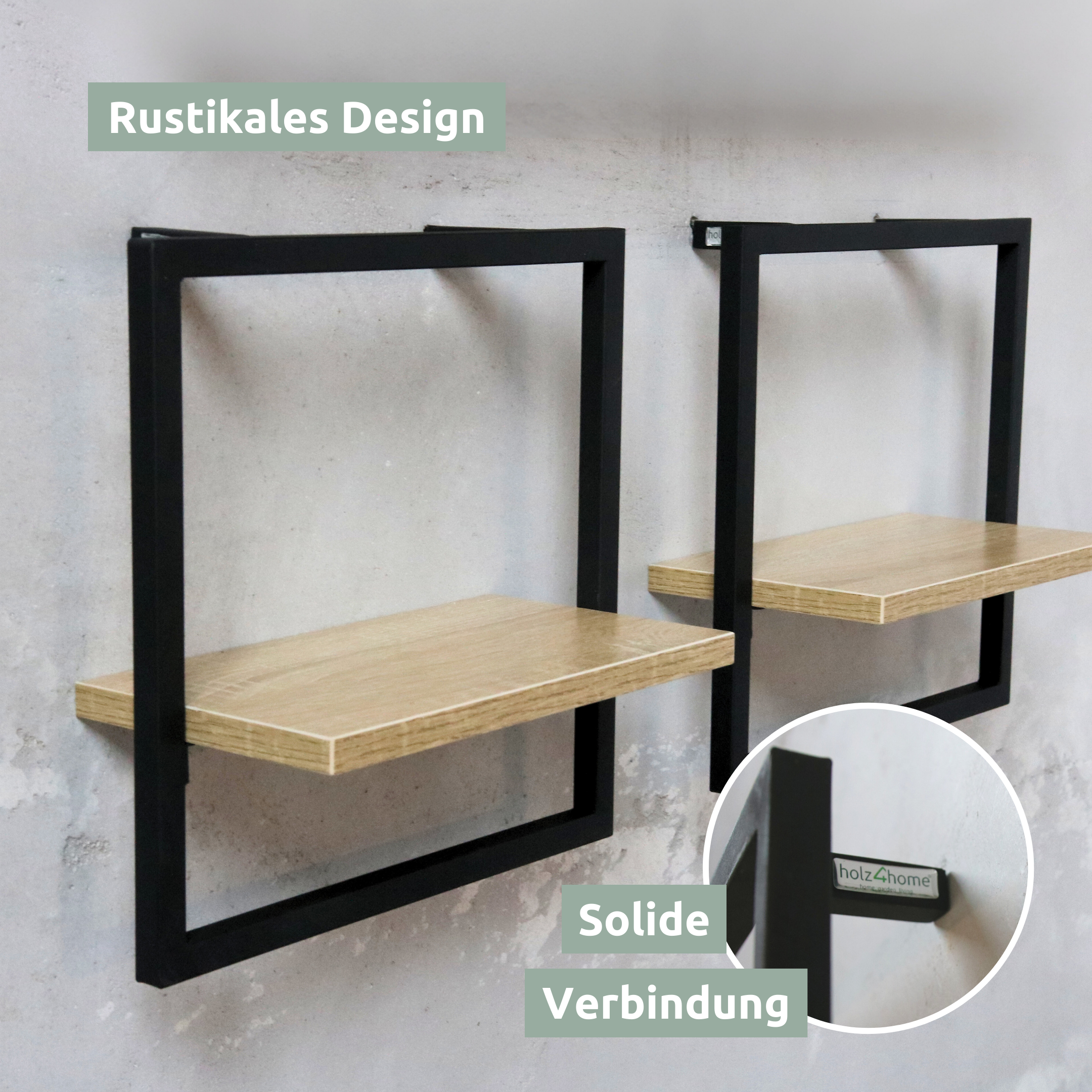 Twee kleine wandrekken Sonoma aan de muur, rustiek design met stevige verbinding