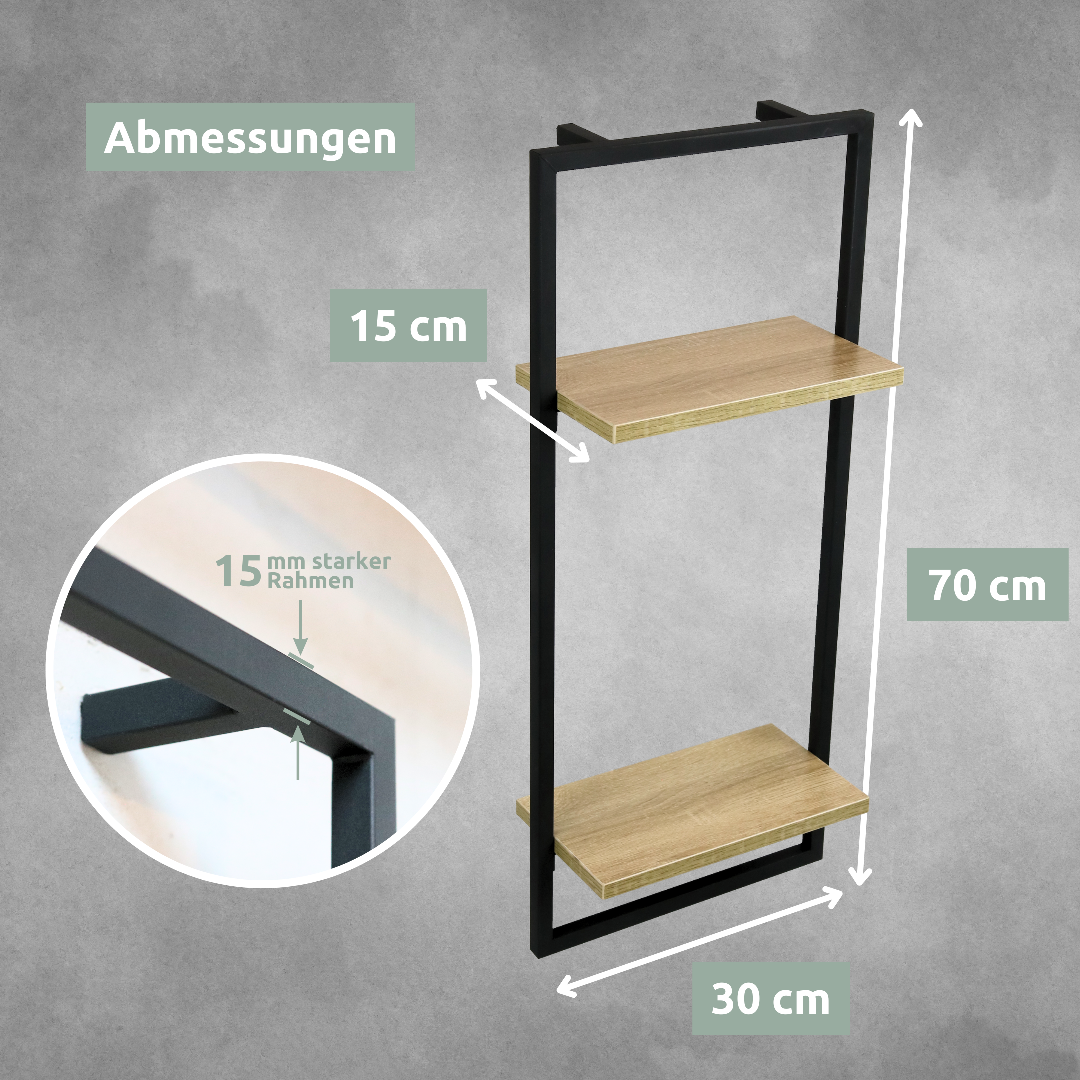 Maattekening hoog wandrek Sonoma, 30 cm breed, 70 cm hoog, 15 cm diep