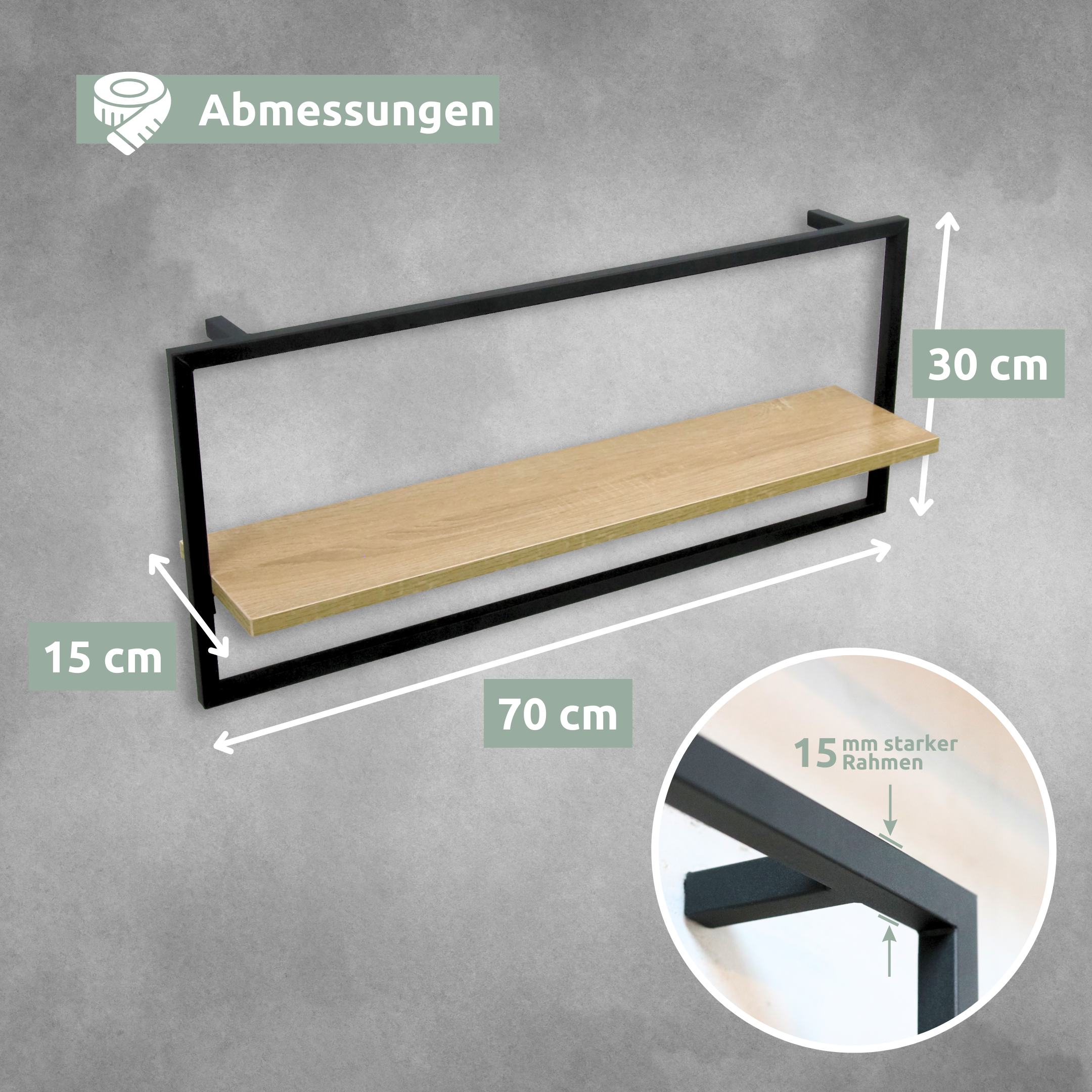 Maattekening lang wandrek Sonoma, 70 cm breed, 30 cm hoog, 15 cm diep