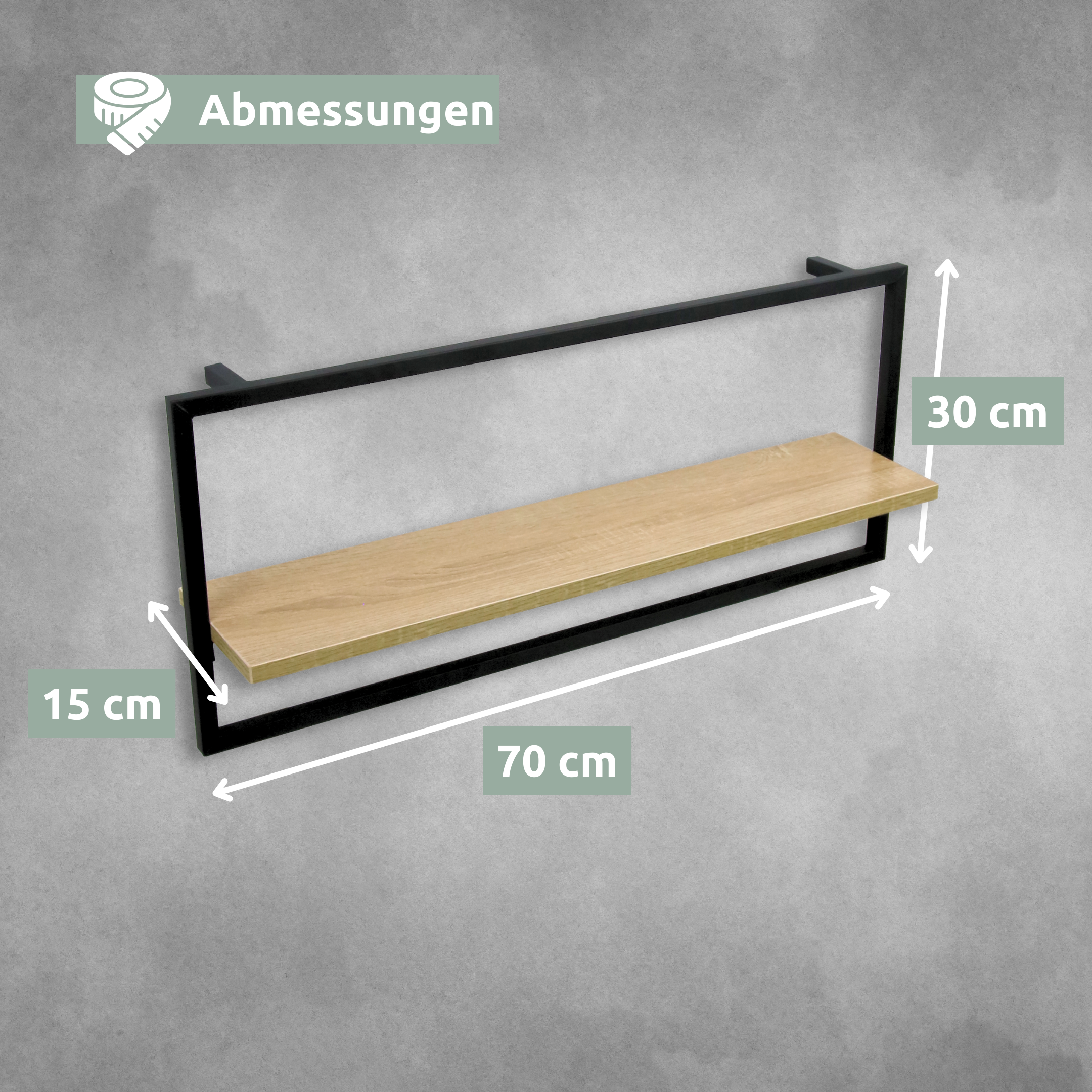 Maatschets lang wandrek Sonoma met afmetingen 70, 30 en 15 cm zonder framedetail