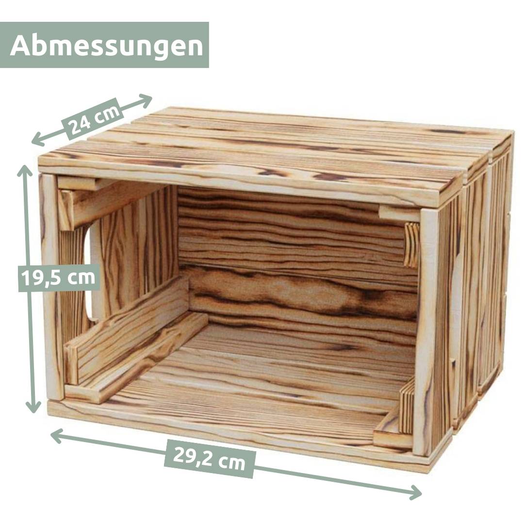 Maattekening houten kist geflambeerd maat M: 29,2 cm breed, 24 cm diep, 19,5 cm hoog