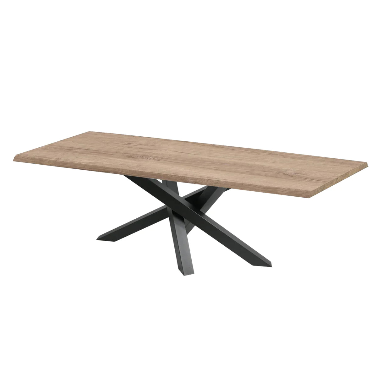 Eikenhouten tafel met boomstamrand op zwart spinpotenonderstel in licht eikenhout