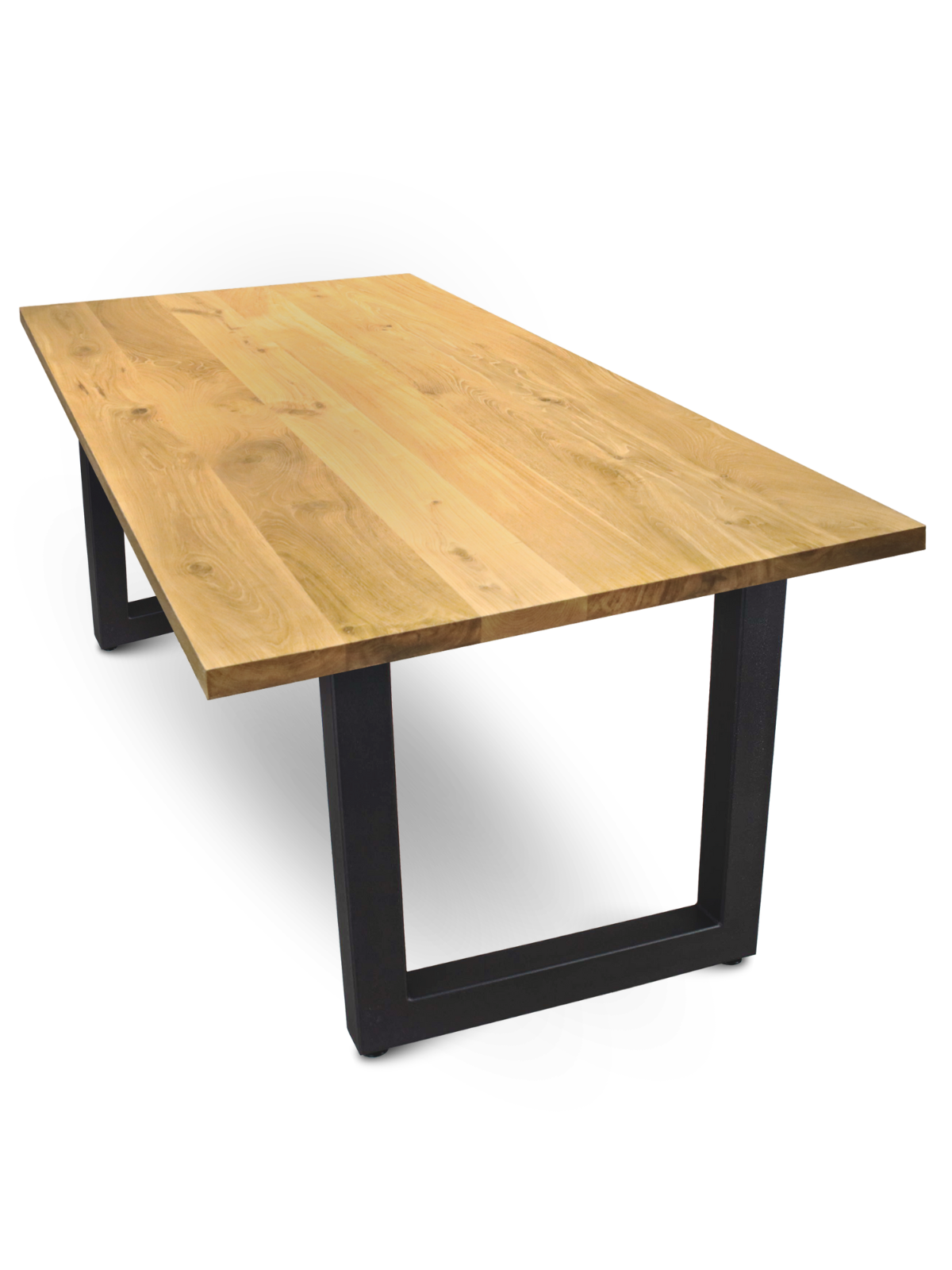 Massief houten tafel eiken met rechte rand, Tiempo U-onderstel van zwart staal, bovenaanzicht van het massief houten blad