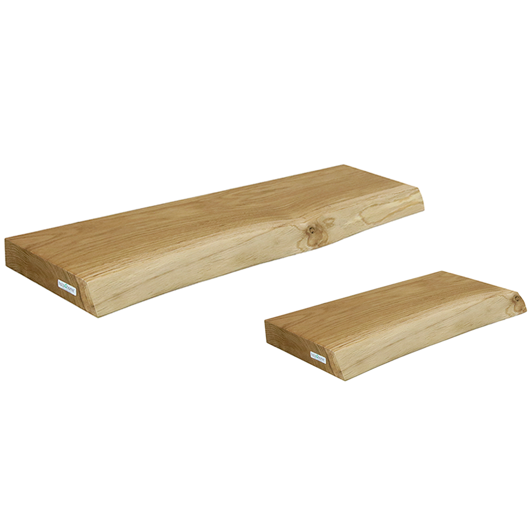 Wandrekkenset met boomstamrand: twee rekken van massief eikenhout met natuurlijke rand, 70 en 40 cm