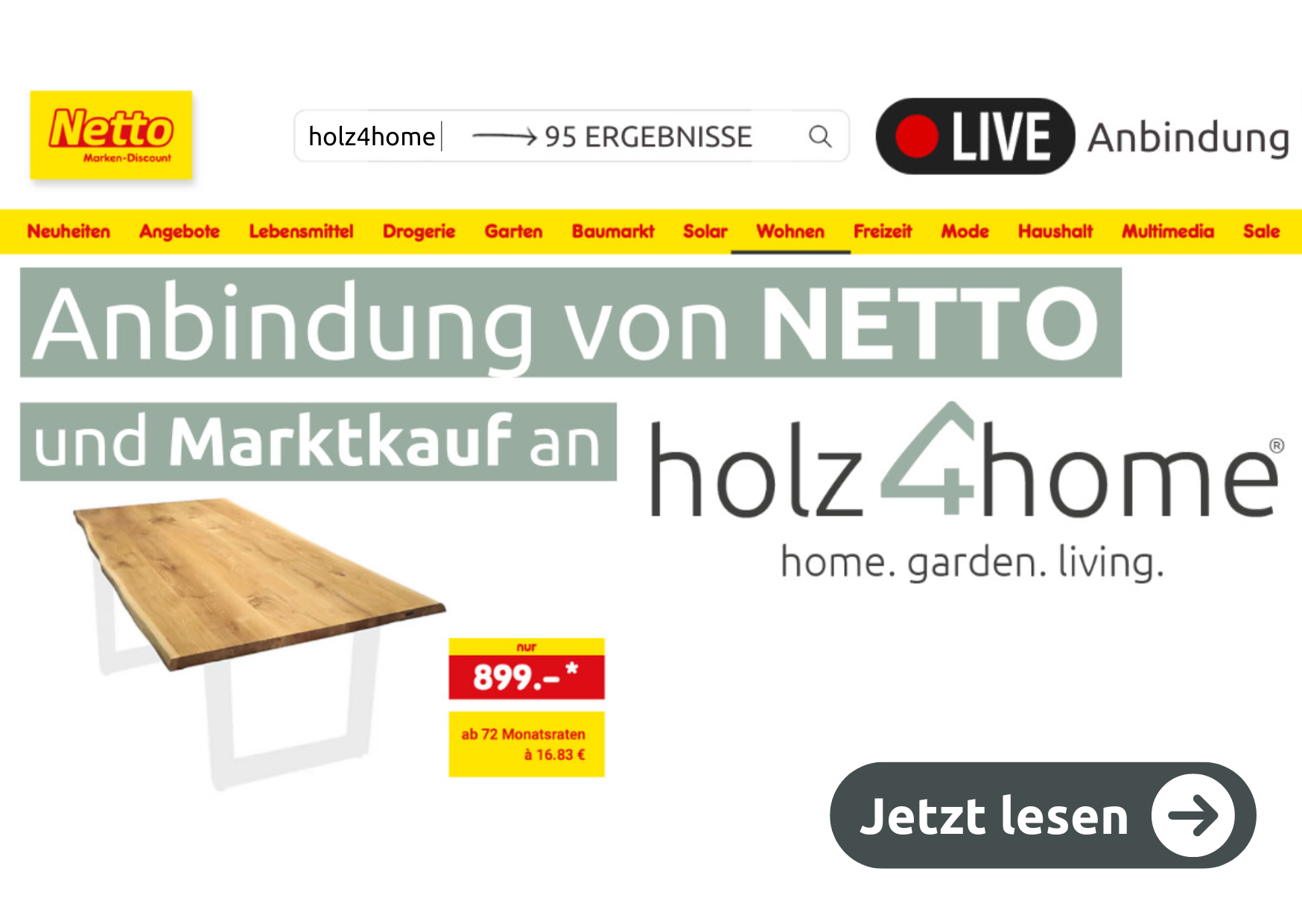 Reclamebanner over de aansluiting van Netto en Marktkauf op holz4home met een eikenhouten tafelblad